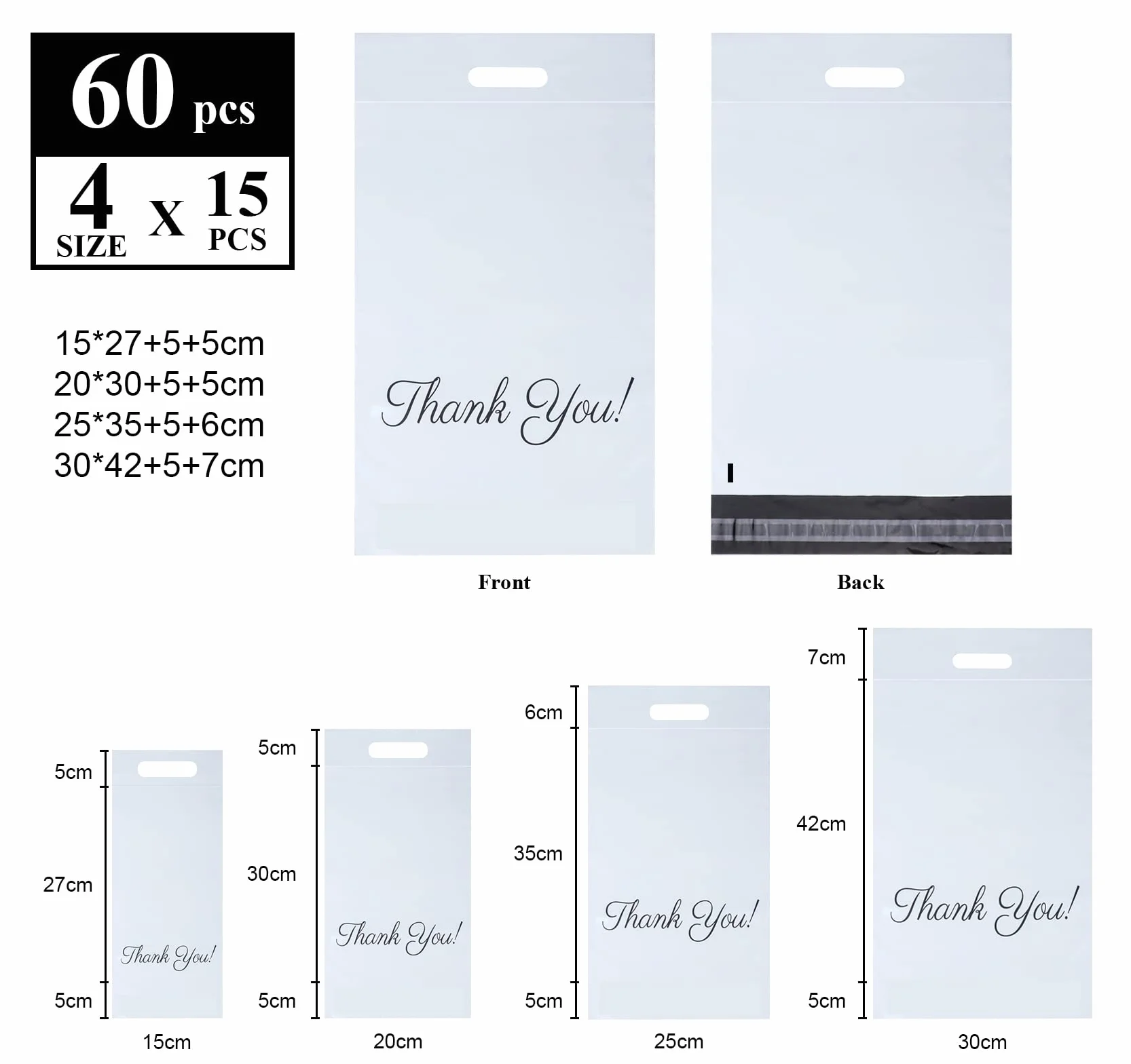 Plastikowe torebki wysyłkowe Thank You 60 sztuk 4 rozmiary C5 A4 B4 A3 samoprzylepne nieprzejrzyste 15x27 20x30