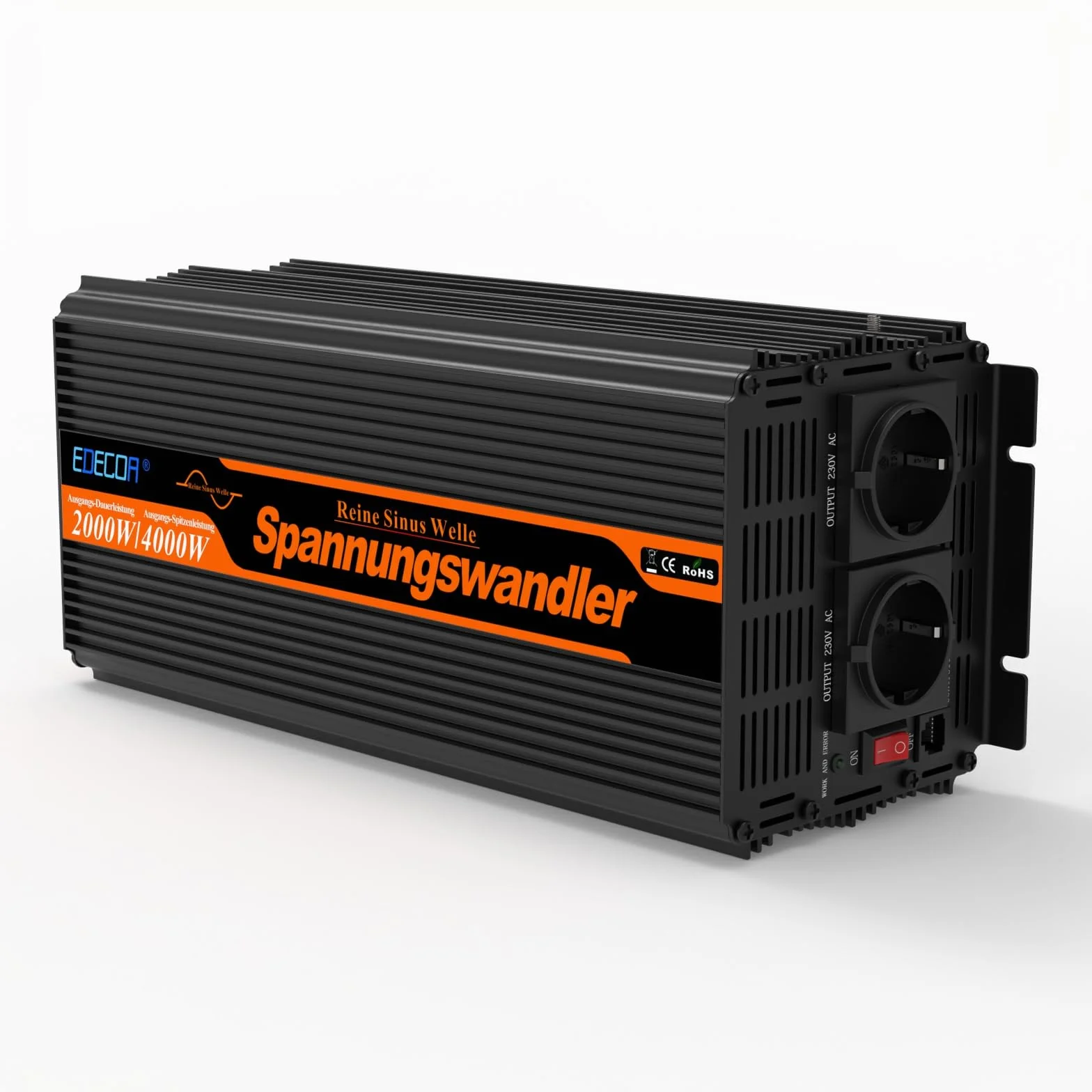 EDECOA Przetwornica 12V, 230V Czysty Sinus 2000W/4000W Falownik, napięcia samochodowa Konwerter, Inwerter Solarny z Pilotem LCD, Standardowe Gniazdo UE, Dostępne Interfejsy USB i Typu-C