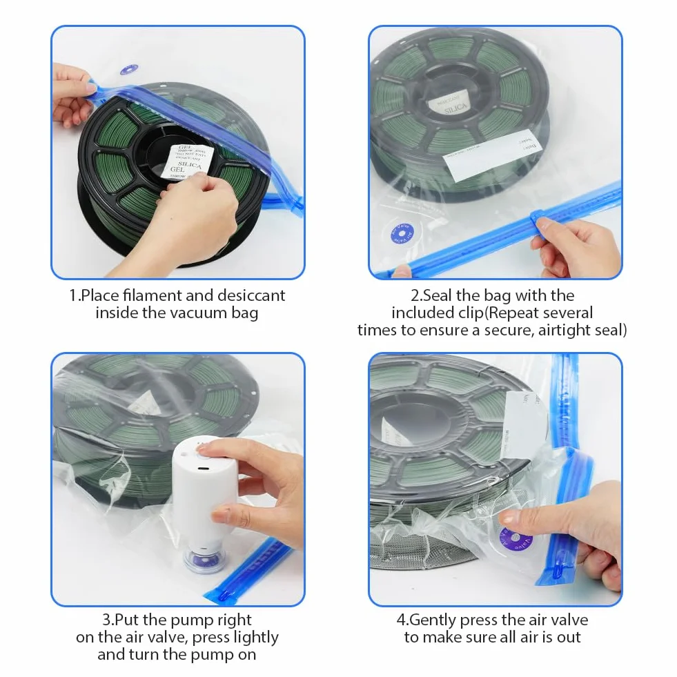 Aolso 30 worków próżniowych do filamentu 3D, 30 x 34 cm, wielokrotnego użytku, uszczelniane próżniowo worki z automatyczną pompką, 48 osuszaczy, 6 klipsów, odporne na wilgoć i kurz.