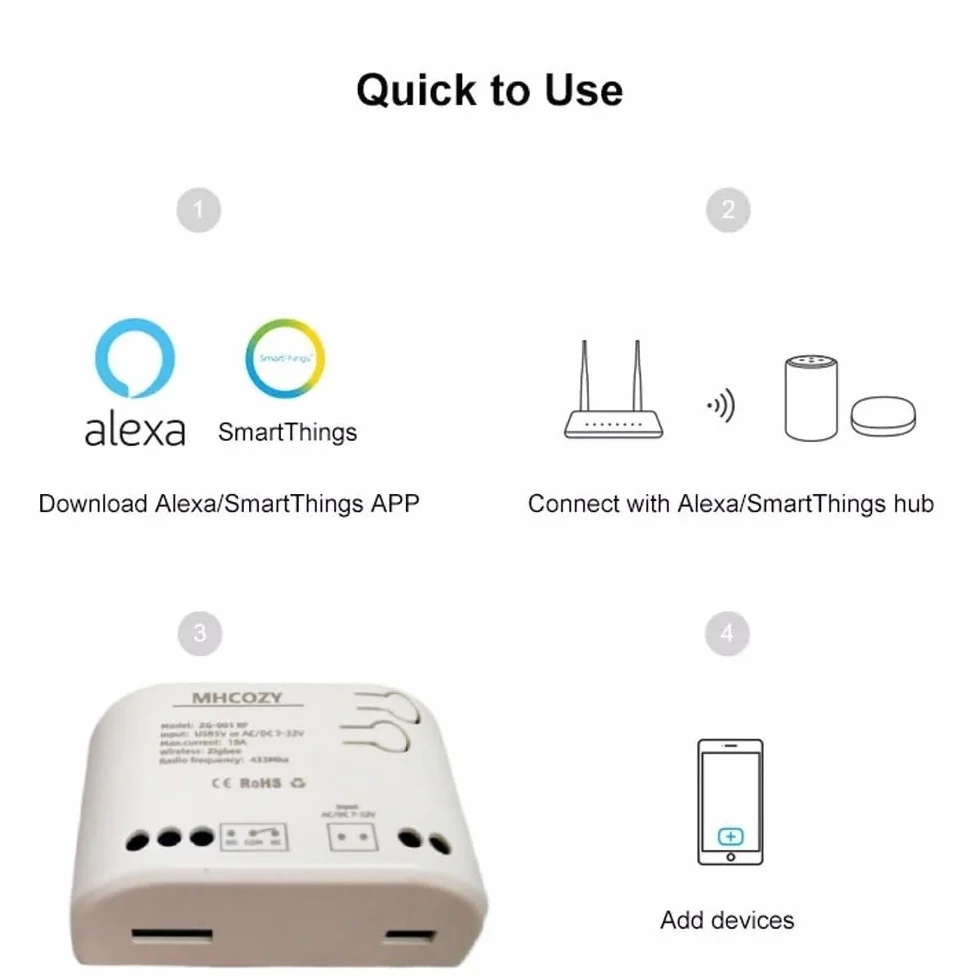 ZigBee 1-kanałowy przełącznik 12V Smart Relay, automatyczne flokowanie i chwilowy tryb, SmartThings Alexa Google Home
