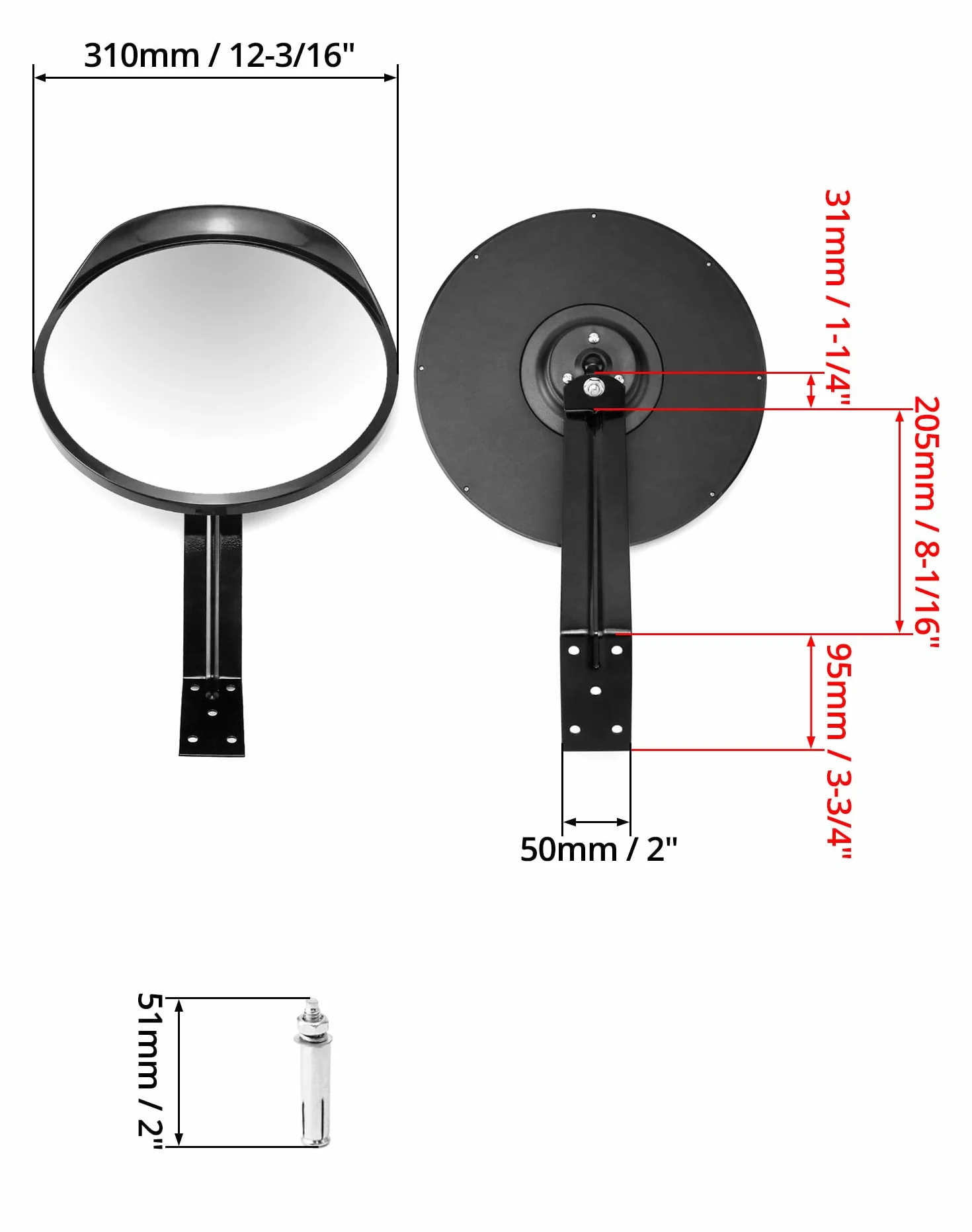 QWORK® Lustro wypukłe lustro drogowe lustro bezpieczeństwa do podjazdów, magazynów, garaży i biur, Ø 30 cm zakrzywienie 130°, wspornik i śruby w zestawie