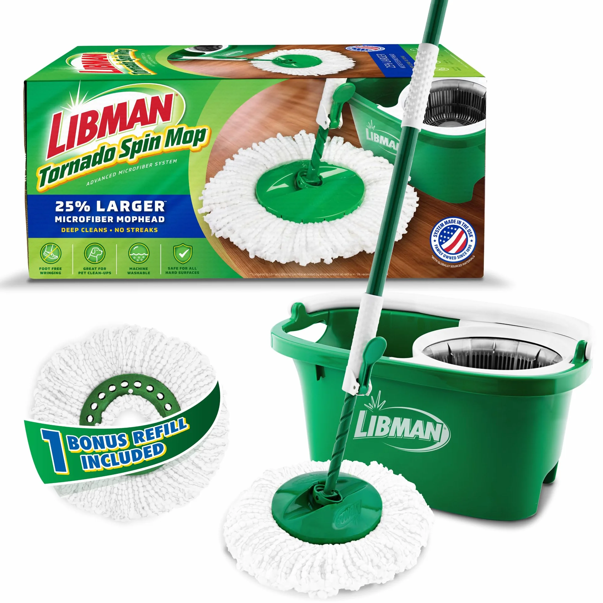 Libman Tornado Spin Mop System Plus 1 głowica uzupełniająca – kompletny system mopa zawiera wytrzymałą głowicę z mikrofibry, solidny uchwyt i 1 dodatkową zapasową głowicę do mopa, bezpieczny na