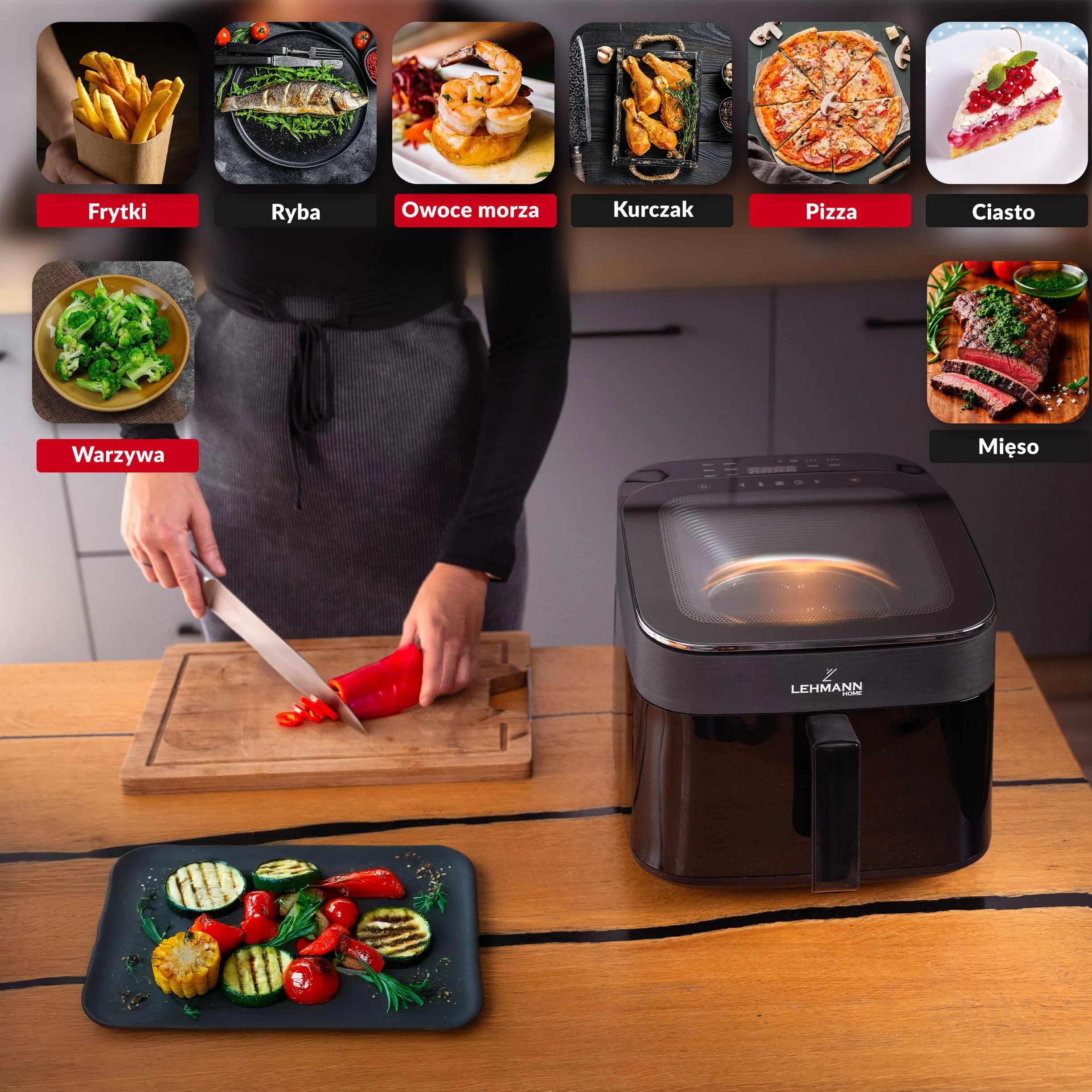 LEHMANN XL frytkownica beztłuszczowa 6,5L, Air Fryer z górnym panoramicznym oknem widokowym i oświetleniem, ekran dotykowy, 12 programów, przypomnienie o mieszaniu, antyspalające rusztowania nadające