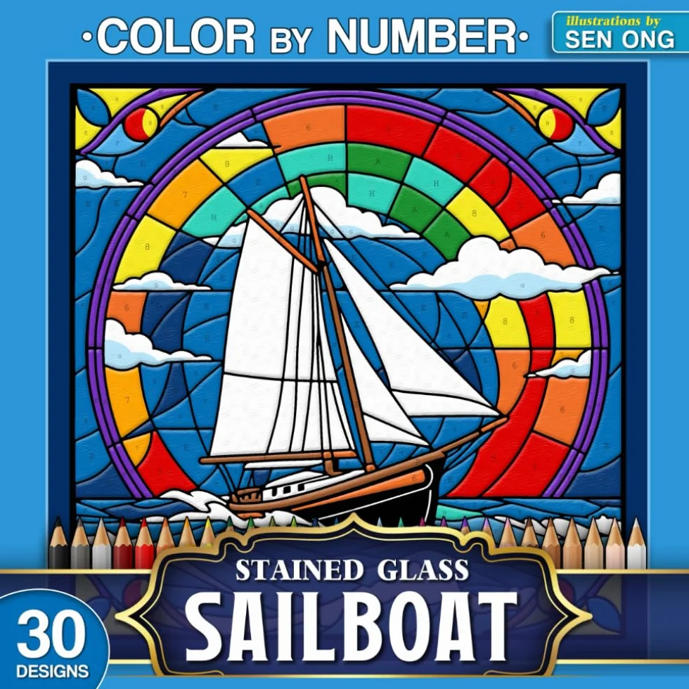 Stained Glass Color by Number: 30 Serene Sailboat Landscapes for Peaceful Coloring