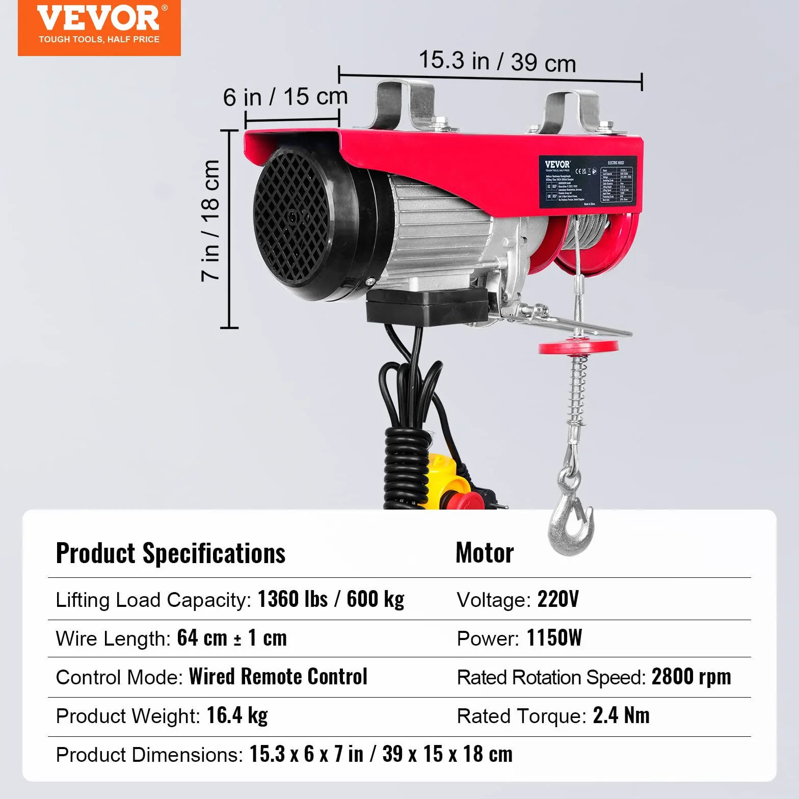 Vevor PAYX600-2 Elektryczna Wciągarka, Czerwony/Srebrny, 600kg