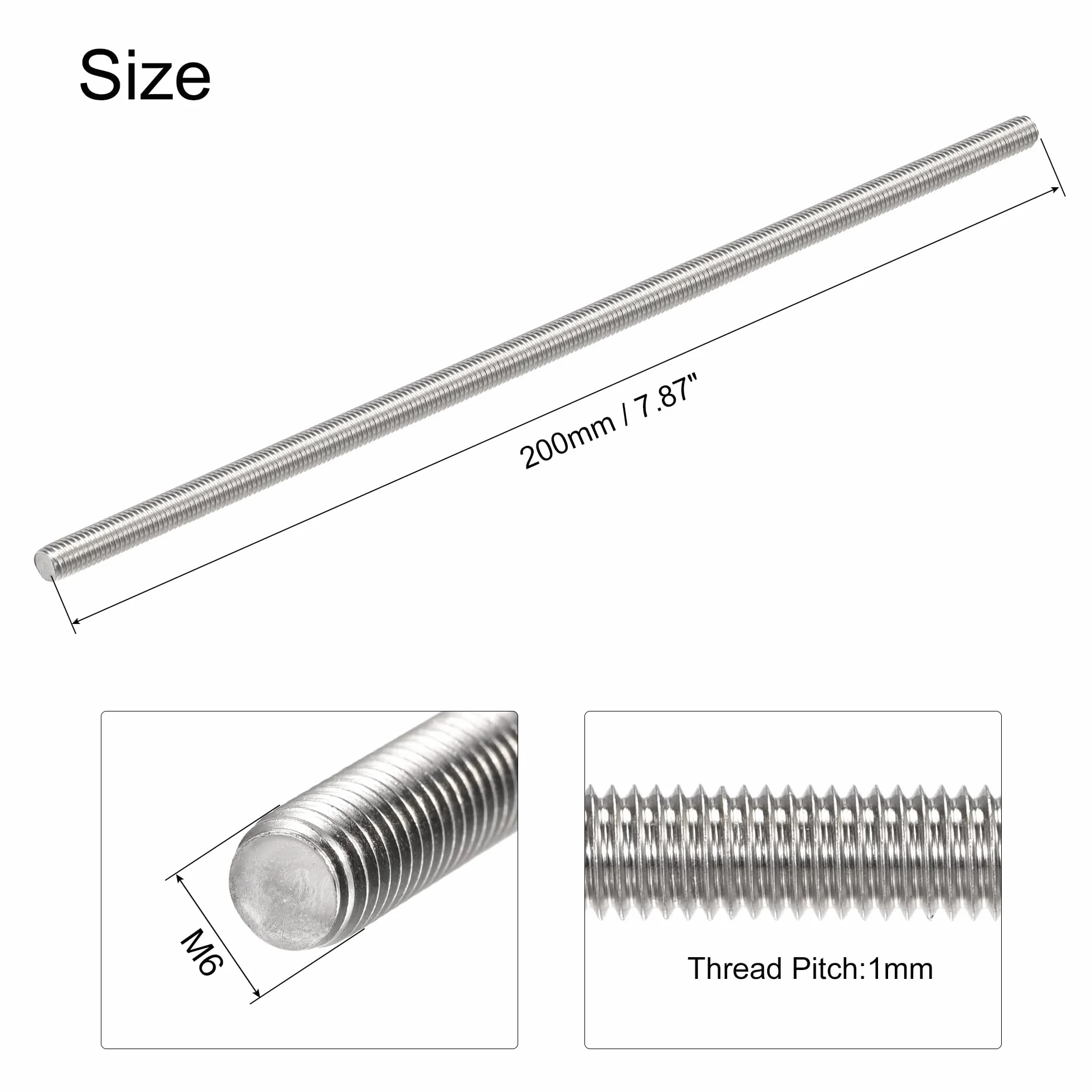 sourcing map 2 sztuki prętów gwintowanych M6 x 200 mm 304 stal szlachetna gwint prawy