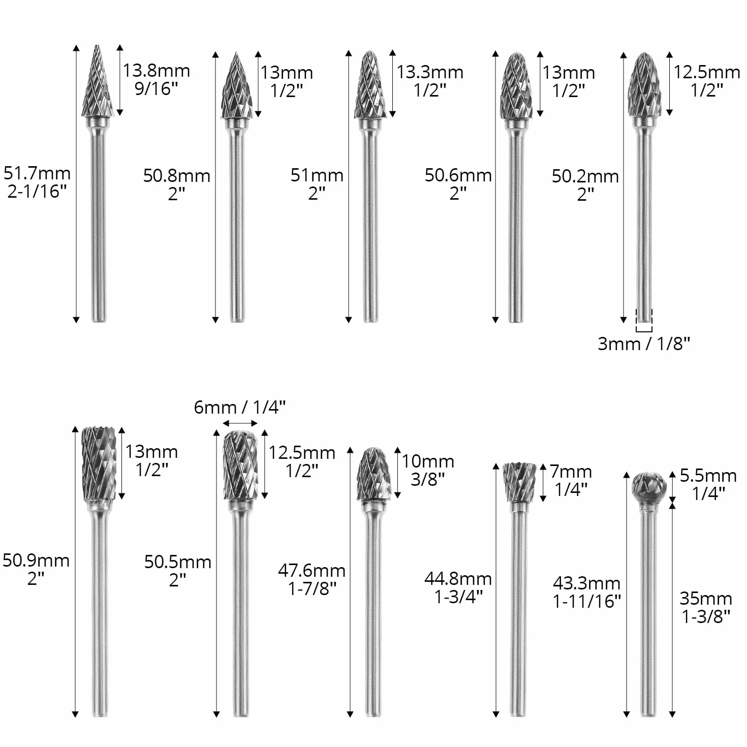 QWORK® 10 szt. Zadziory z podwójnym cięciem z węglika, zestaw zadziorów obrotowych z węglika wolframu 3mm Shank 6mm głowica szlifierska do DIY rzeźba polerowanie metalu grawerowanie