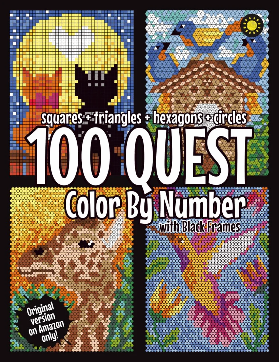 100 QUEST Color By Number: Squares + Triangles + Hexagons + Circles (BLACK backgrounds): color quest activity book for adults