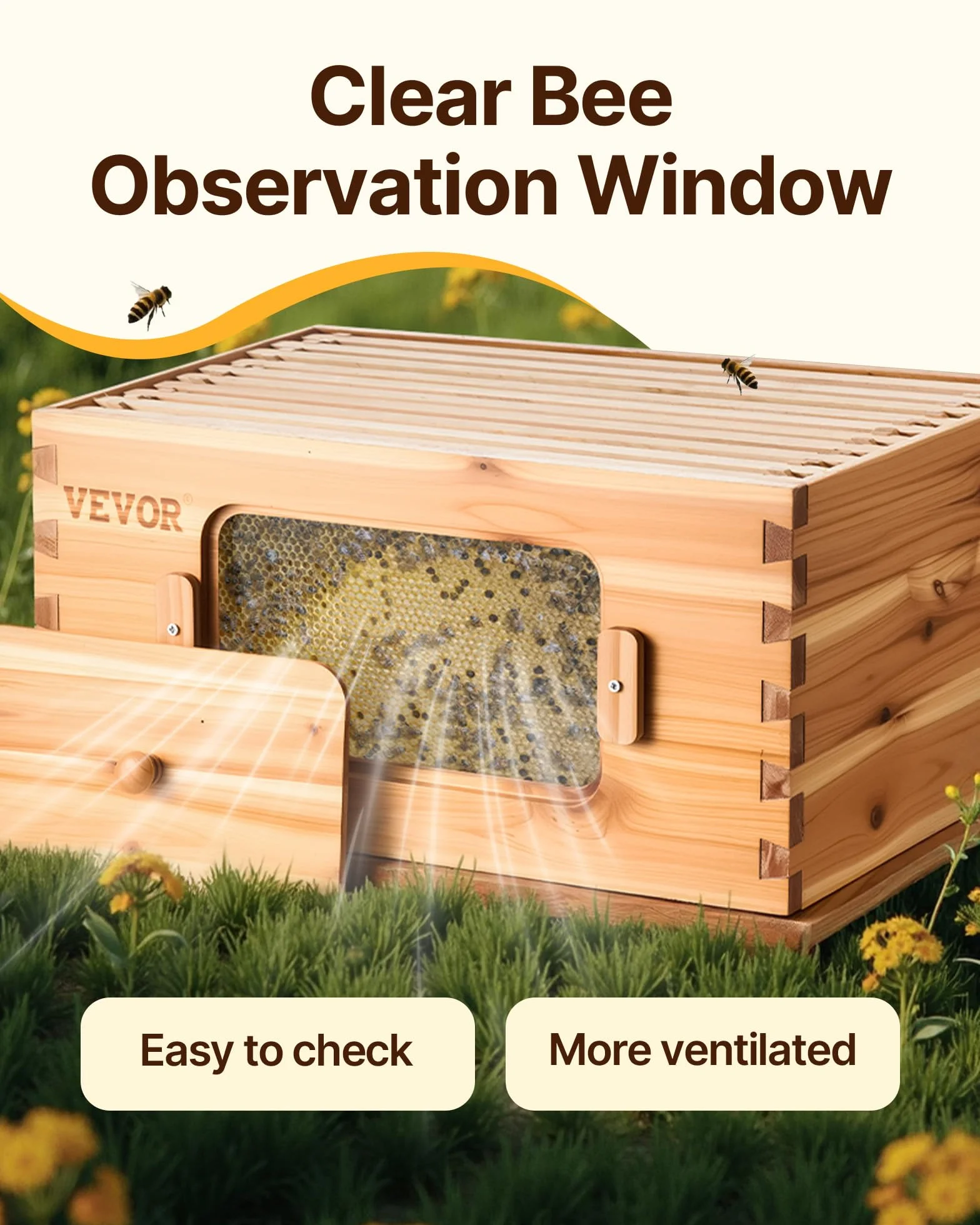 VEVOR Bee Hive 30 ramek, ule, zestaw startowy, drewno cedrowe powlekane woskiem pszczelim, 2 głębokie + 1 średnie pudełka na pszczoły, zestaw do ula Langstroth, przezroczyste okna akrylowe z