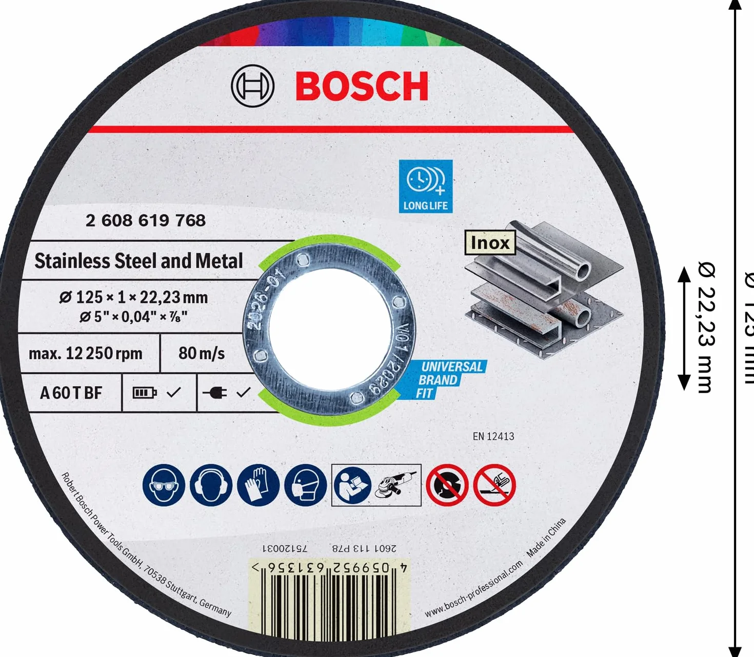Bosch 1x Tarcza tnąca Stainless Steel and Metal Long Life z otworem 22,23 mm (do Stal nierdzewna, Stal, Ø 125 mm, Professional Akcesoria Mała szlifierka kątowa)