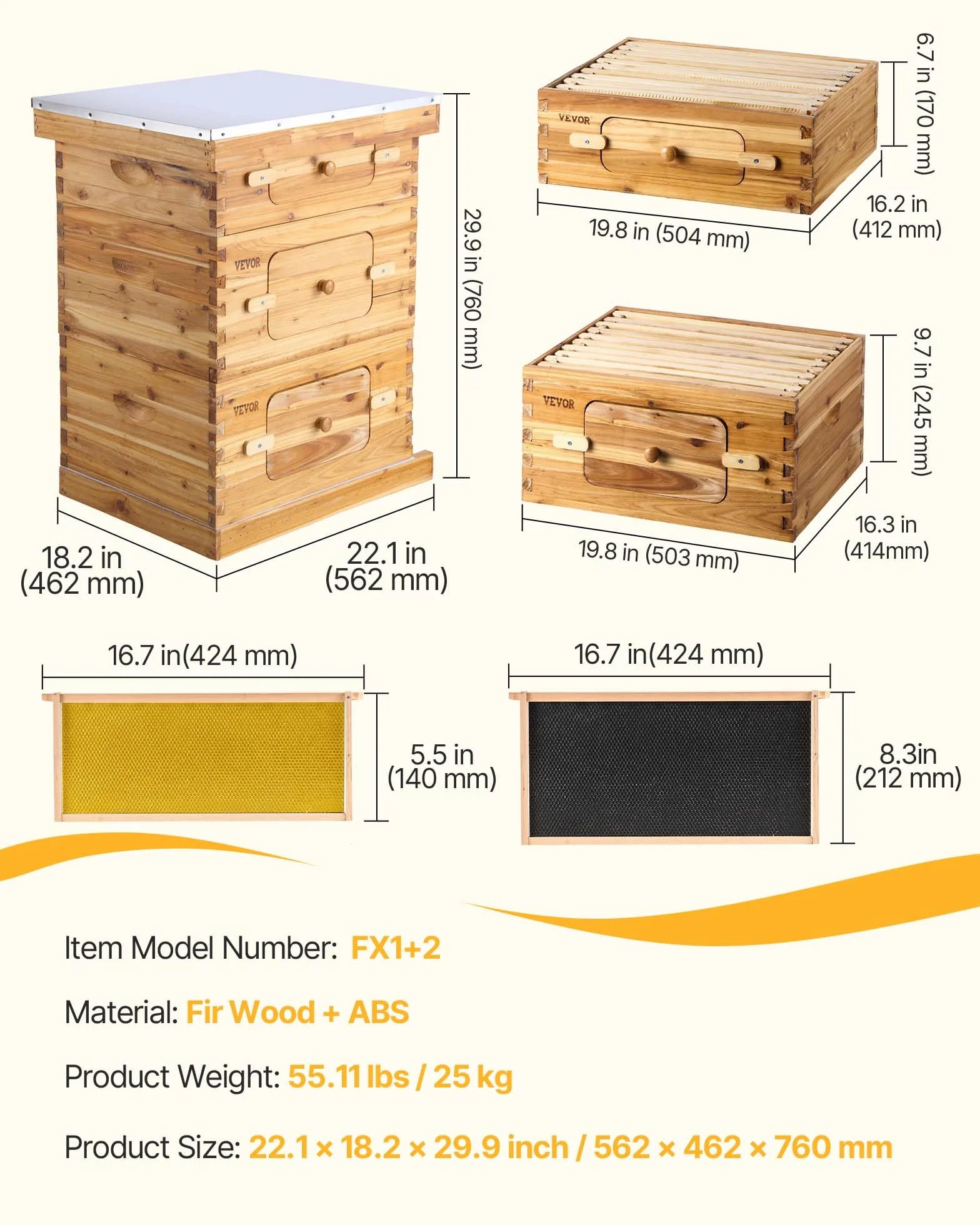 VEVOR Bee Hive 30 ramek, ule, zestaw startowy, drewno cedrowe powlekane woskiem pszczelim, 2 głębokie + 1 średnie pudełka na pszczoły, zestaw do ula Langstroth, przezroczyste okna akrylowe z