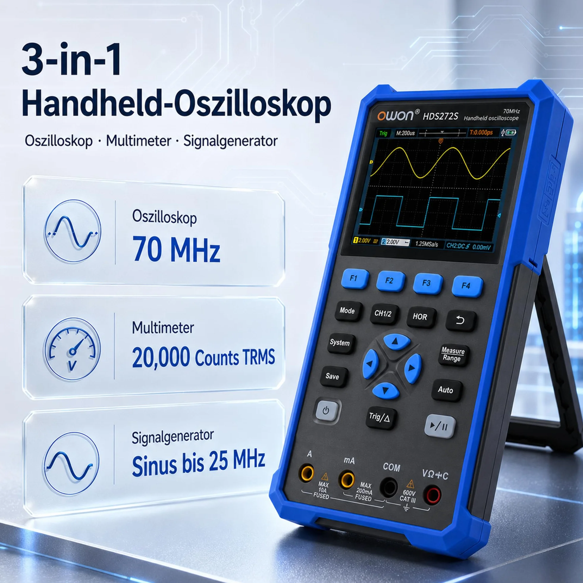 HDS272S 3 w 1 OWON oscyloskop 70 MHz z 2+1 CH z wyświetlaczem LCD 3,5 cala z regulacją jasności (oscyloskop + multimetr + generator)