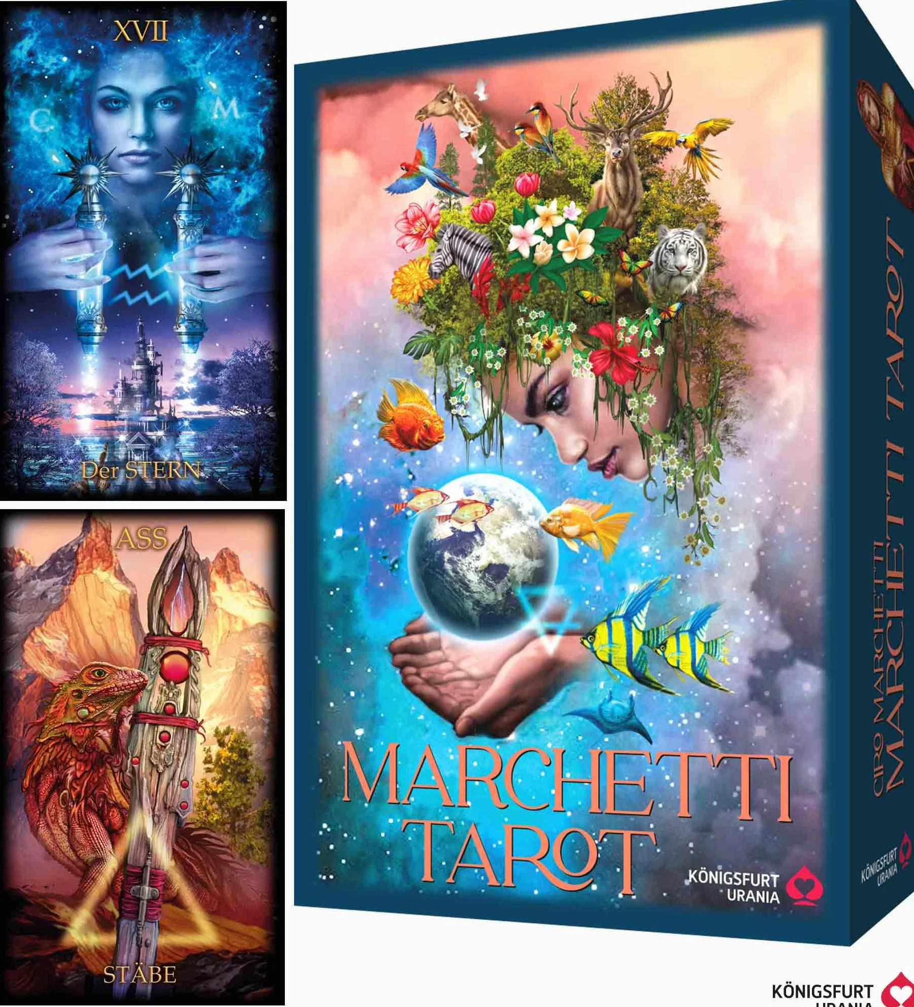 Marchetti Tarot 78 Karten 144-seitiges Buch Stülpdeckelschachtel mit Spotlack