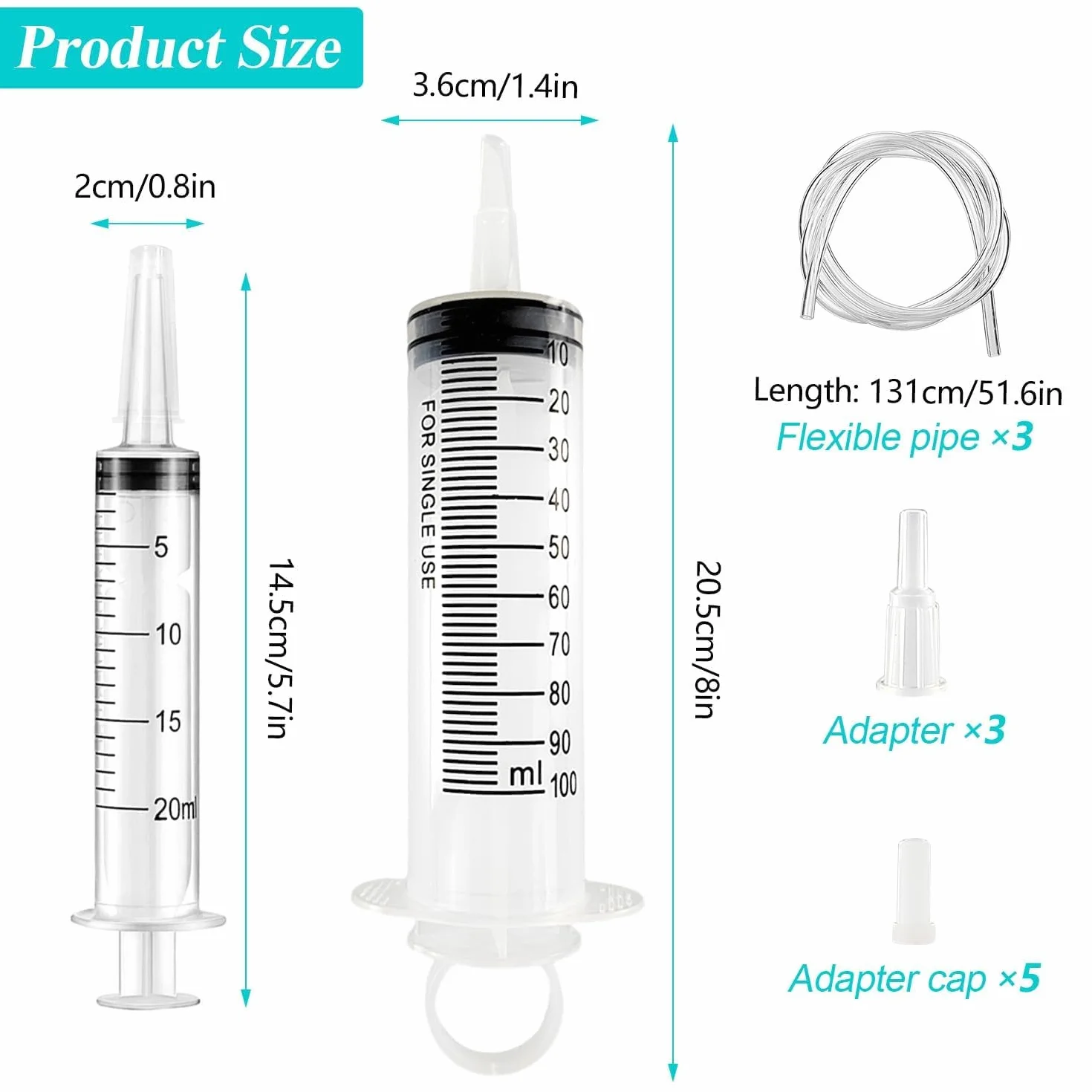 Zestaw 8 strzykawek, 3 strzykawki 100 ml + 2 strzykawki 20 ml + 3 tubki strzykawkowe, przezroczyste, strzykawki wielokrotnego użytku, do ogrodu
