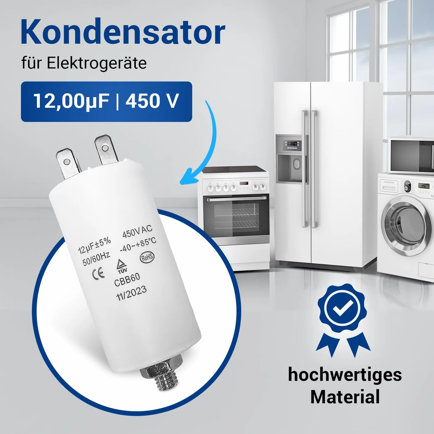 VIOKS Kondensator CBB60 12µF 450V rozruchowy uniwersalny z wtykami AMP 6,3mm i śrubą M8