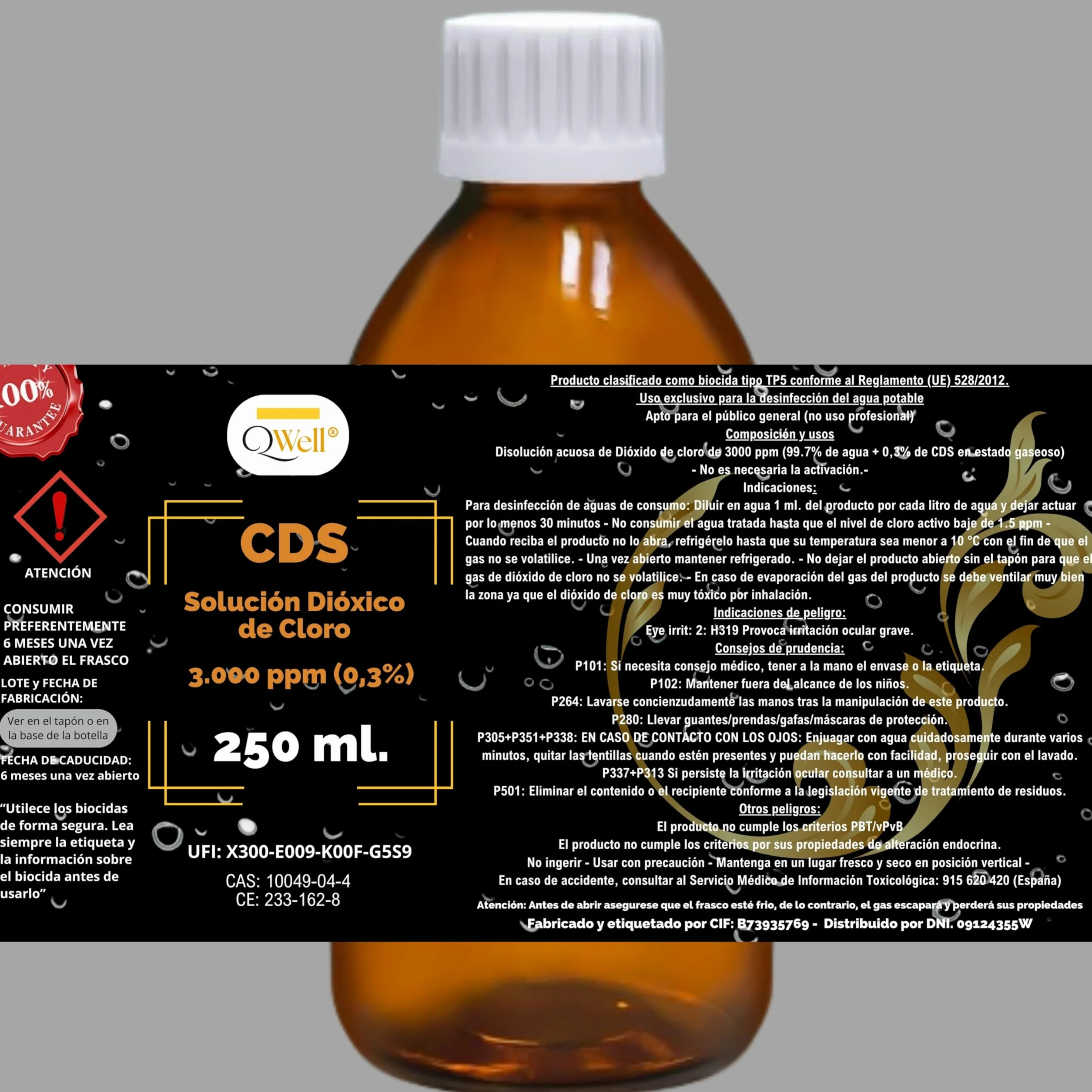CDS 250 ml QWell | roztwór dwutlenku chloru 3000 ppm | bardzo wysoka czystość | bursztynowy kryształ z sterylnym dozownikiem i zakraplaczem | aktywny roztwór 0,3% w wodzie o bardzo dużej szczelności