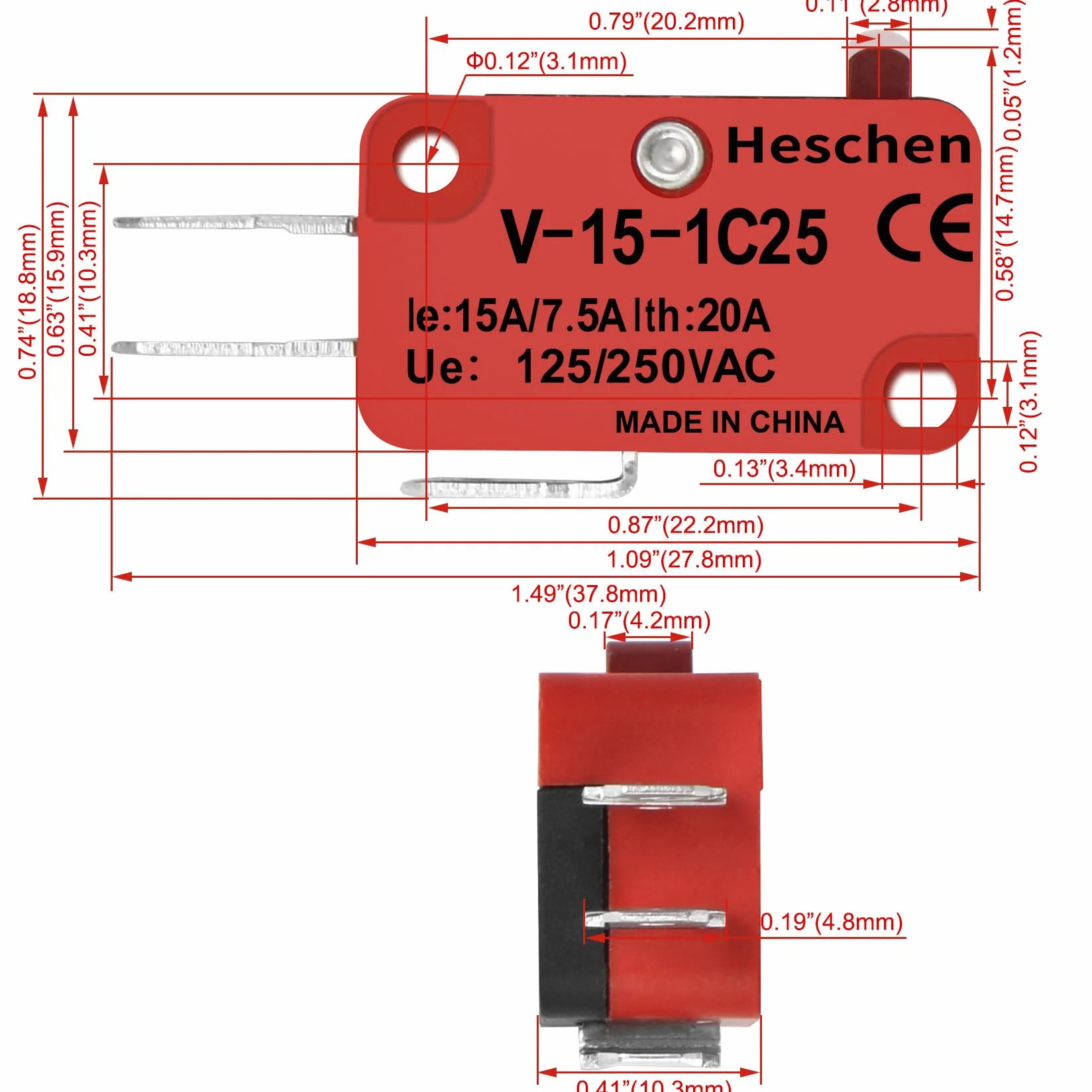 Heschen Zestaw 2 mikroprzełączników V-15-1C25 SPDT typ przycisku 20 A 250 V AC