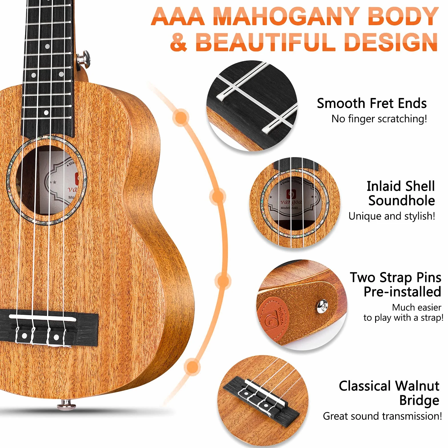Vangoa Ukulele sopranowe, zestaw dla początkujących, ukulele, mahoń, dla początkujących, studentów, dzieci, z torbą Gig Bag