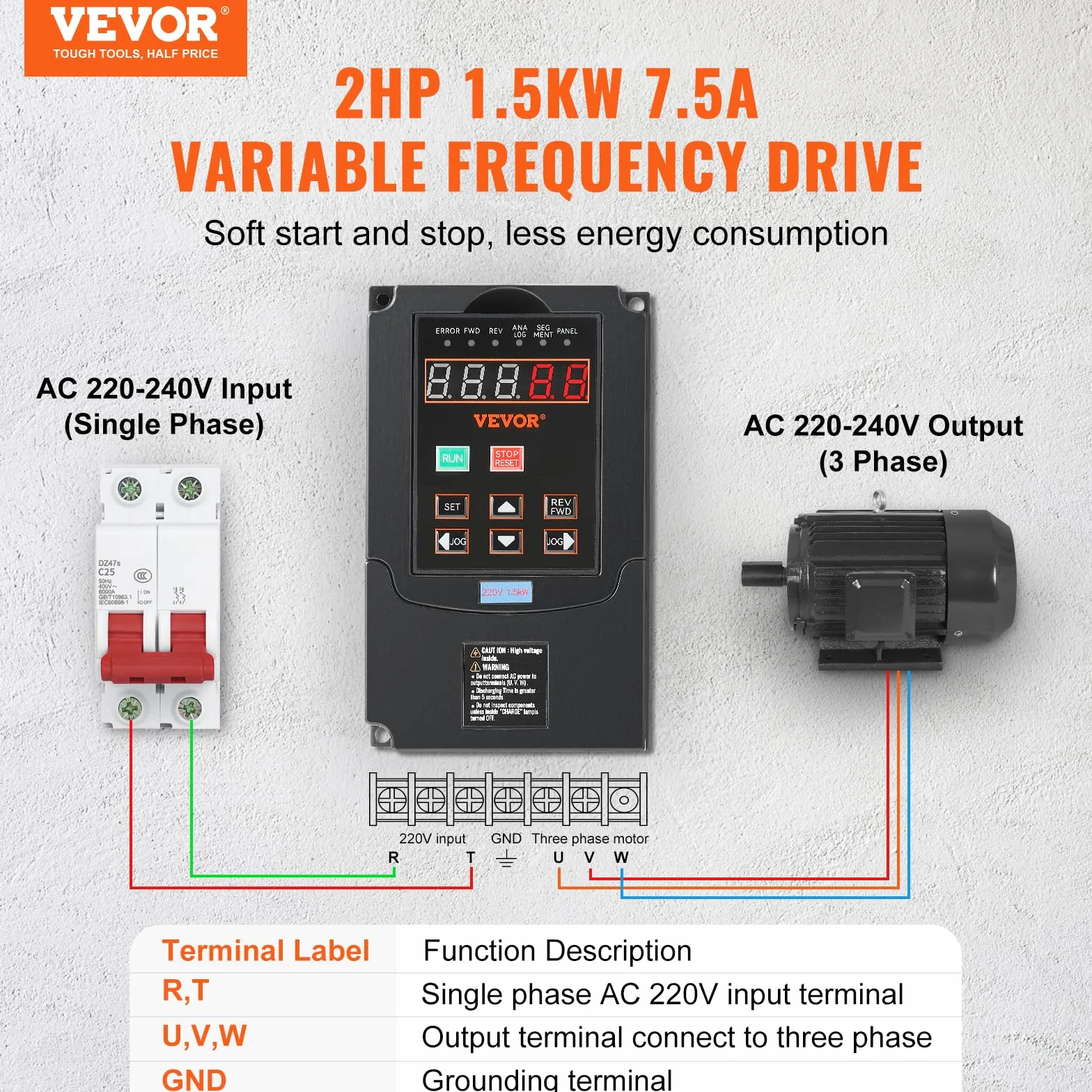 VEVOR VFD 2PS, 1,5 kW, 7,5 A, wejście 220 V jednofazowe trójfazowe wyjście 220 V trójfazowy napęd o zmiennej częstotliwości, wejście 40-60 Hz, wyjście 0-400 Hz VFD do sterowania prędkością CNC Silnik
