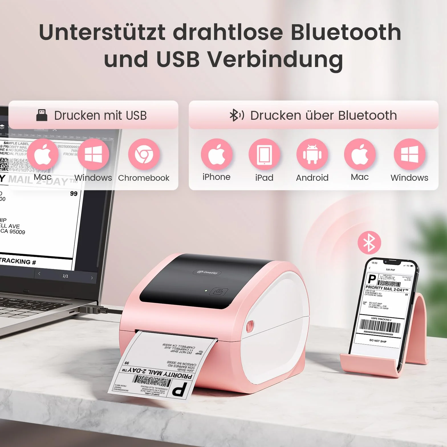 Bezprzewodowa drukarka etykiet termicznych Bluetooth 4 x 6 różowa dla małych firm