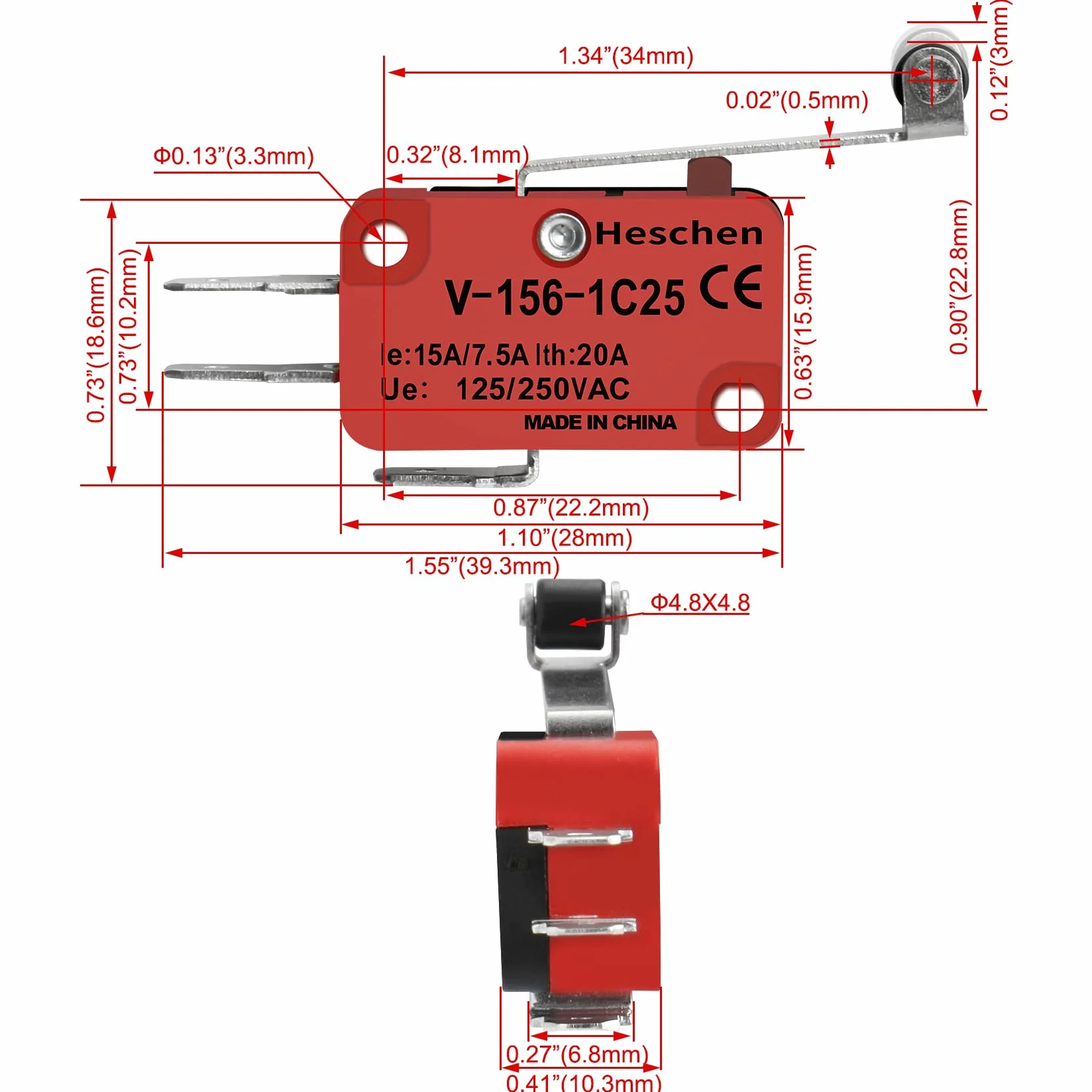Heschen Mikroprzełącznik V-156-1C25 SPDT 20A 250VAC długa dźwignia rolkowa 2-pak