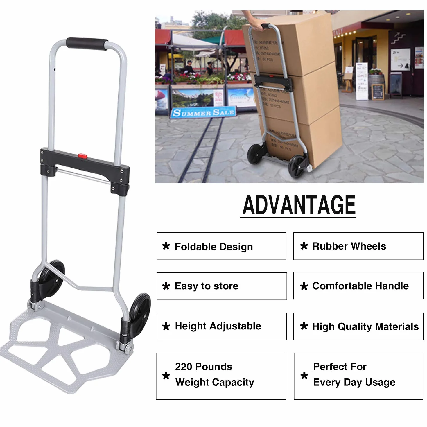 Nictemaw Wózek transportowy składany z aluminium, do przemysłu i gospodarstwa domowego, z uchwytem teleskopowym 97 cm, maks. nośność 100 kg, srebrny
