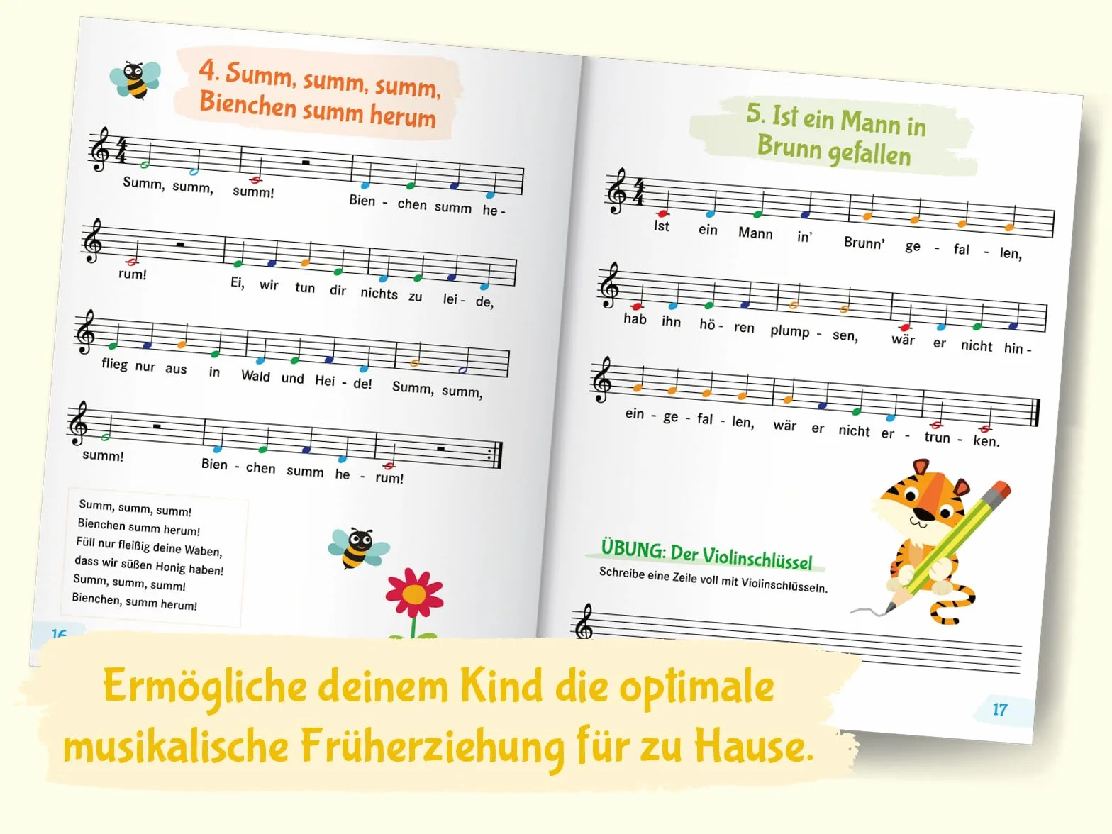 Klavier lernen mit Tiger Timo: 50 Klavierstücke für Kinder mit bunten Klaviernoten – Musikalische Früherziehung für zu Hause mit Rätsel-Spaß, Tasten-Schablonen zum Ausschneiden und Audio-Downloads