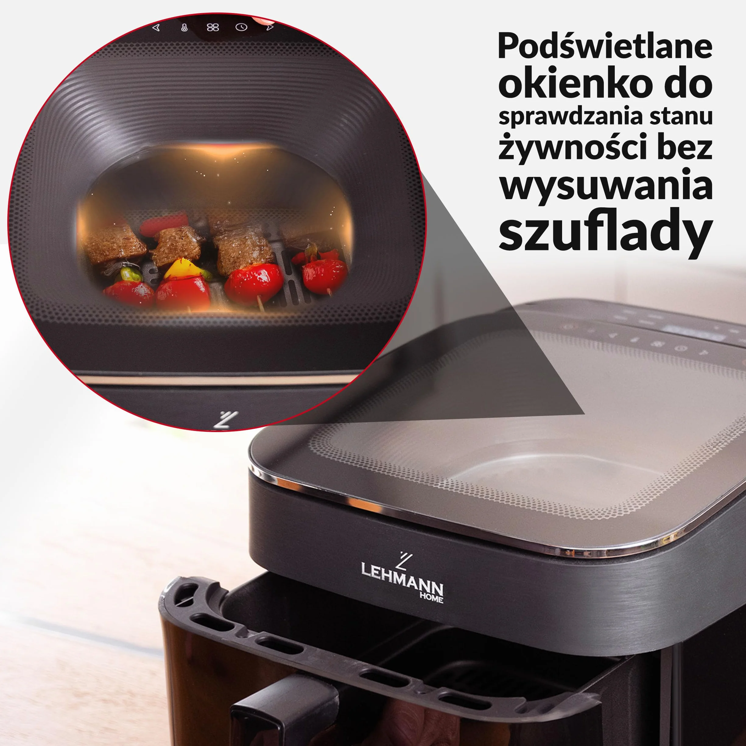 LEHMANN XL frytkownica beztłuszczowa 6,5L, Air Fryer z górnym panoramicznym oknem widokowym i oświetleniem, ekran dotykowy, 12 programów, przypomnienie o mieszaniu, antyspalające rusztowania nadające