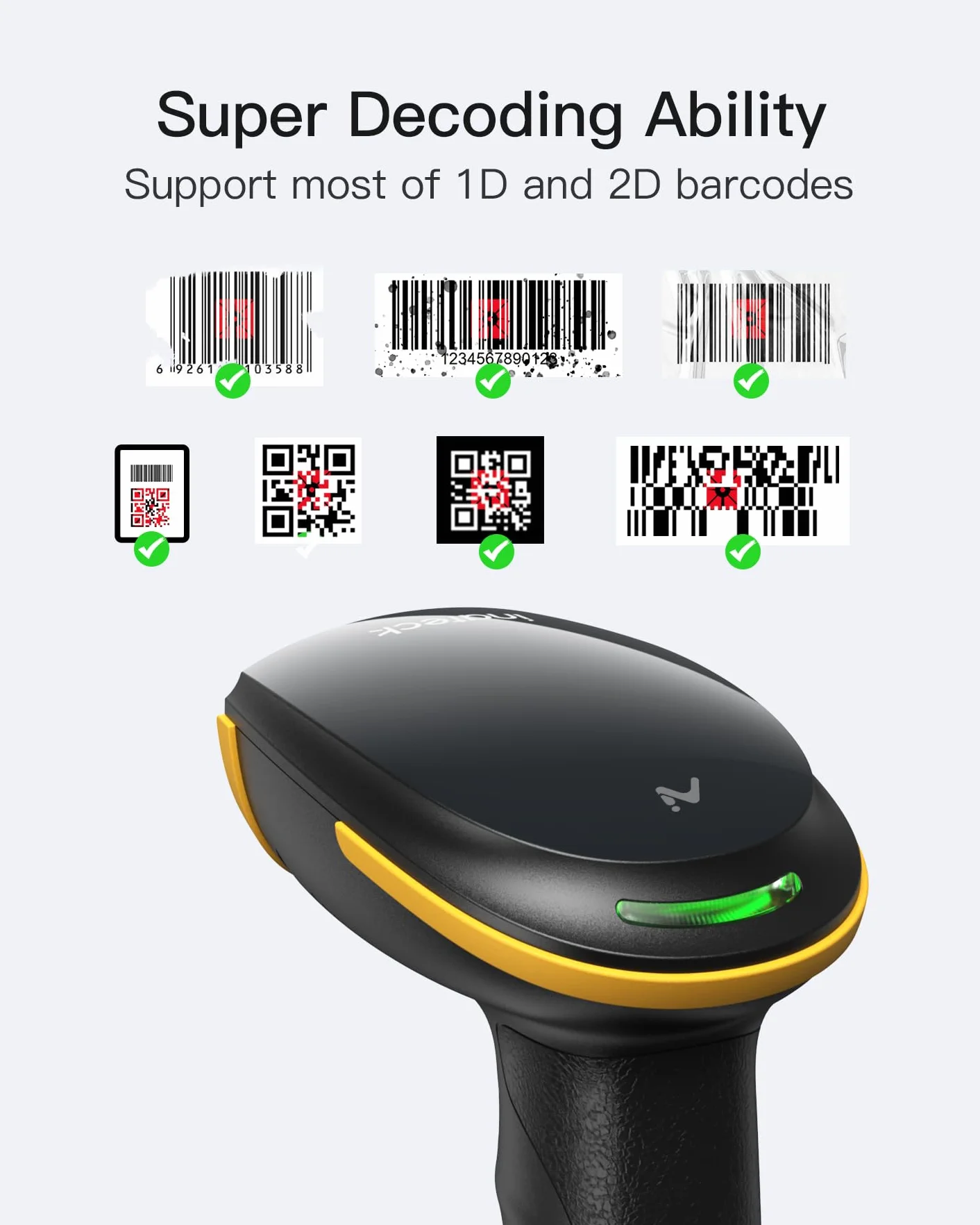Inateck Skaner kodów kreskowych Bluetooth 2D, bezprzewodowy skaner kodów QR 2D z akumulatorem 2600 mAh i inteligentną stacją ładującą, ręczny skaner obsługuje AI, aplikację, SDK, BCST-36