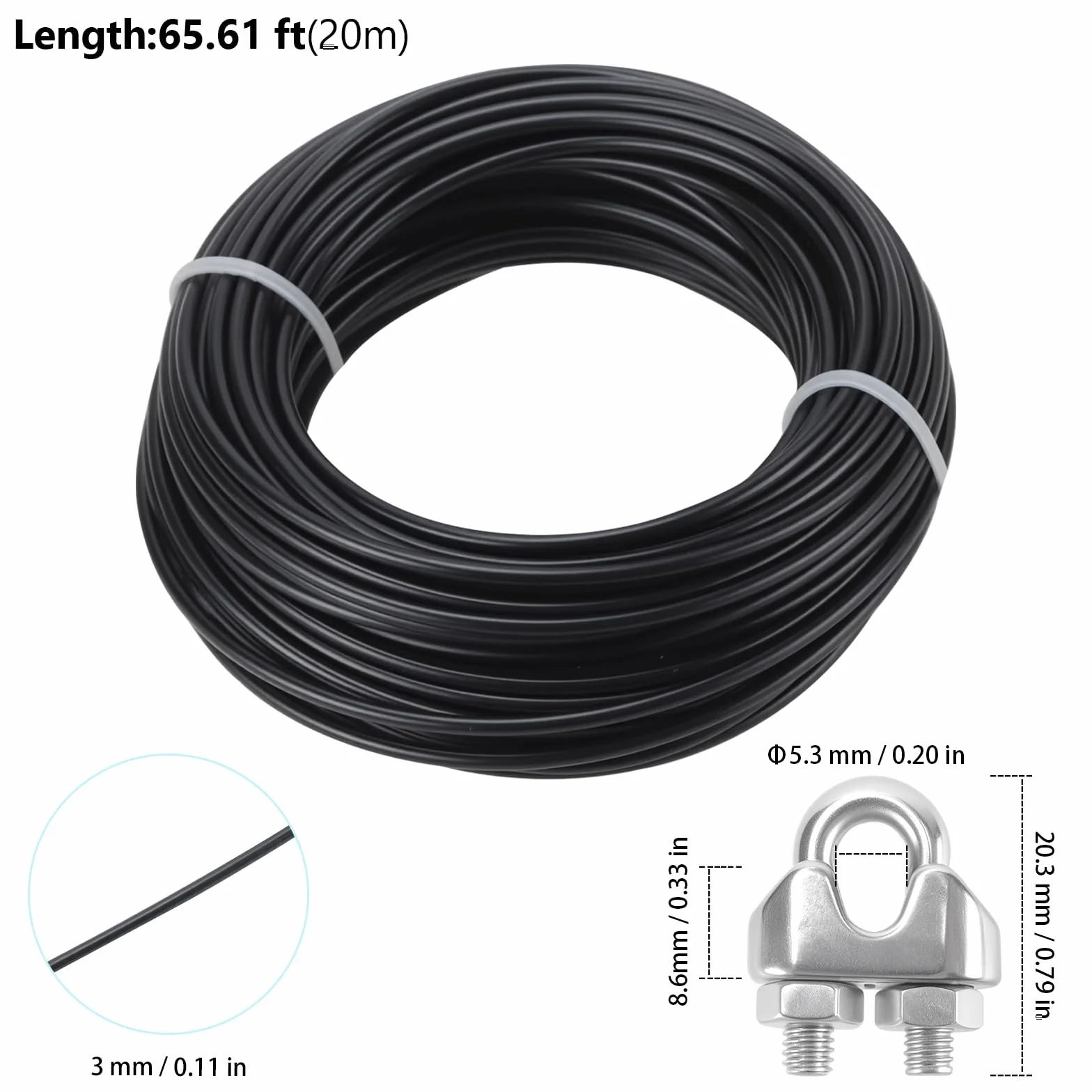 Linka druciana ze stali nierdzewnej 3 mm x 20 m czarna z zaciskami M3 do ogrodzenia