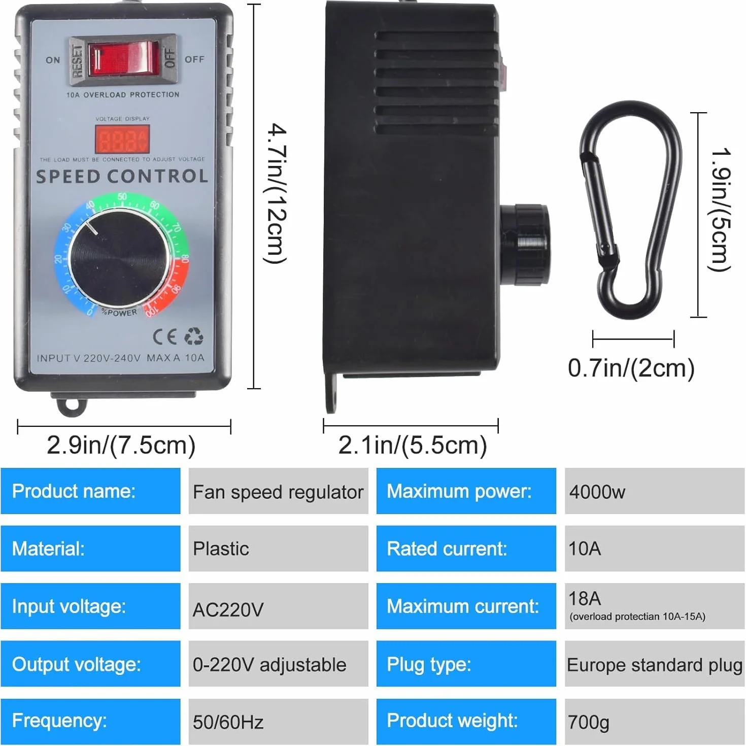 Qooloo Regulator prędkości obrotowej silnika AC 230 V, moc szczytowa 4000 W, do szlifierek kątowych/dmuchawy/wiertarek ręcznych/pił tarczowych, regulator napięcia