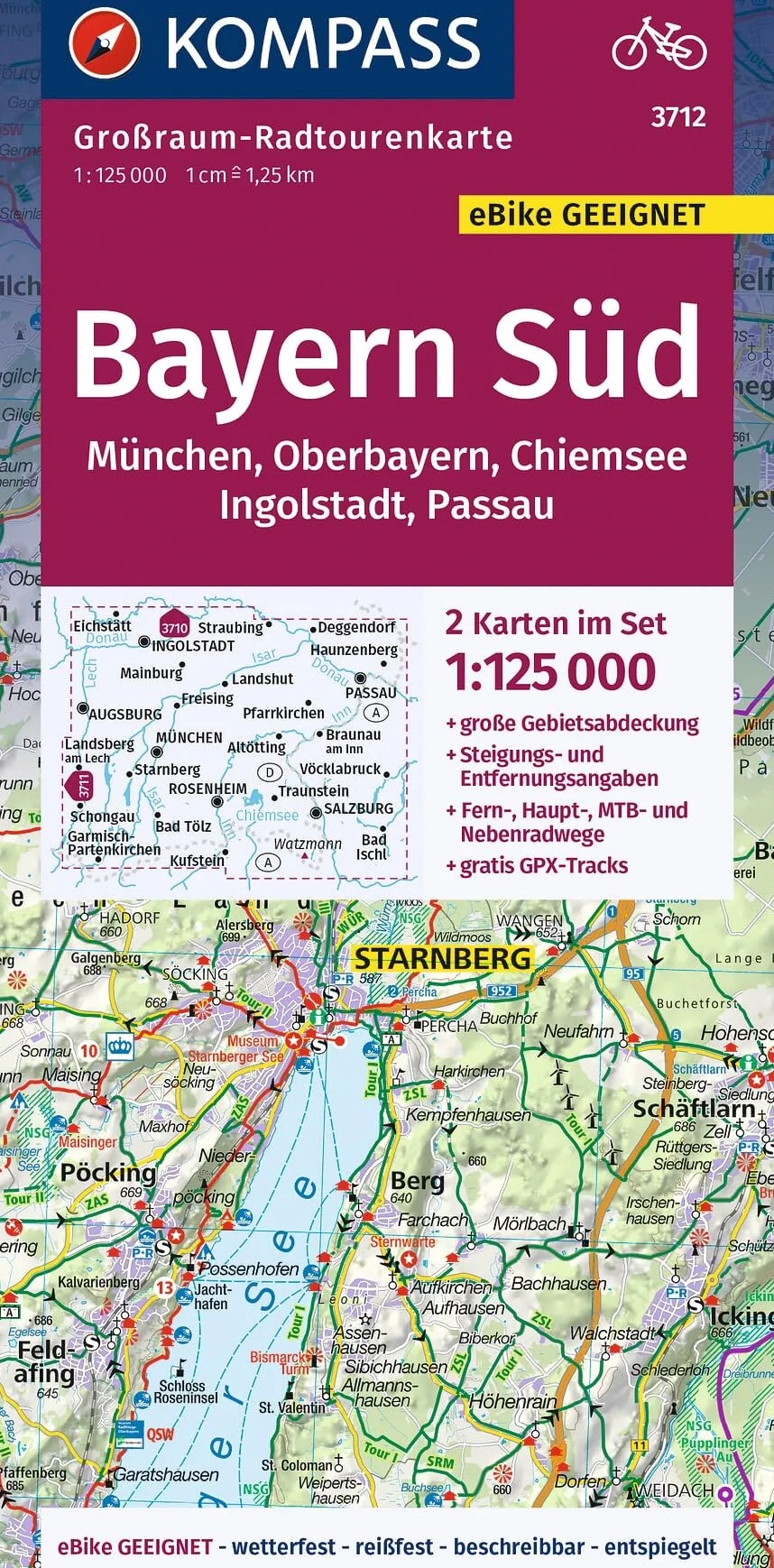 KOMPASS Großraum-Radtourenkarte 3712 Bayern Süd, Oberbayern, Chiemsee, Ingolstadt, Passau, München, 1:125.000: 2 Karten im Set, reiß- und wetterfest, GPX-Daten zum Download