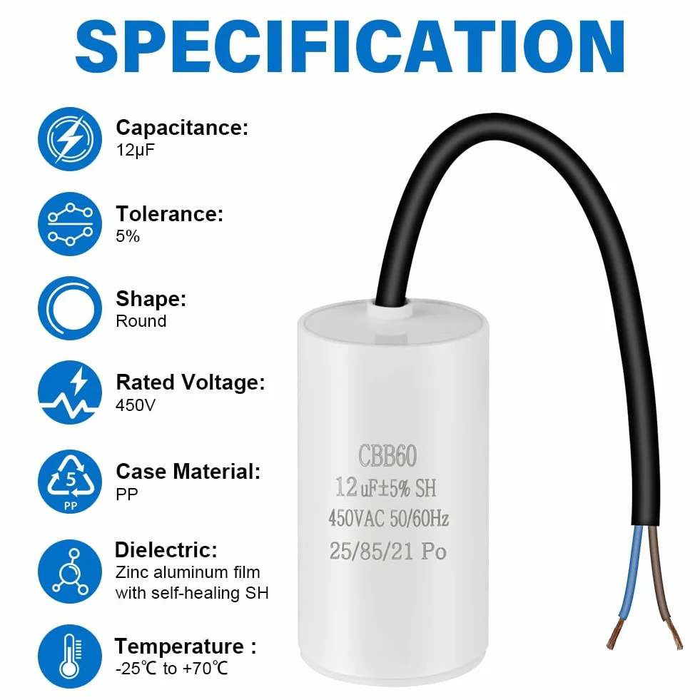 OFFCUP Kondensator roboczy CBB60 12μF 450V 4-pinowy 50/60Hz do sprężarki powietrza