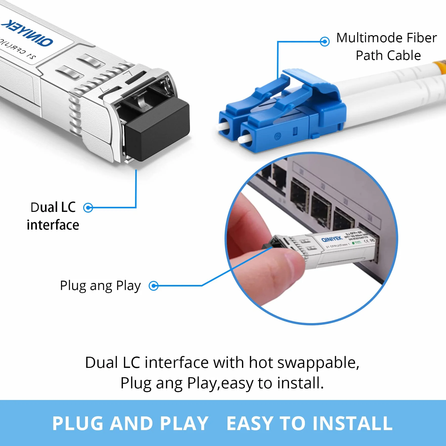 QINIYEK 10GBase-SR SFP+ Módulo LC SFP+ Multimodo 10G, 850 nm, 300 m, Compatible con Cisco, Ubiquiti, Fortinet, Mikrotik, Supermicro (Paquete de 2)