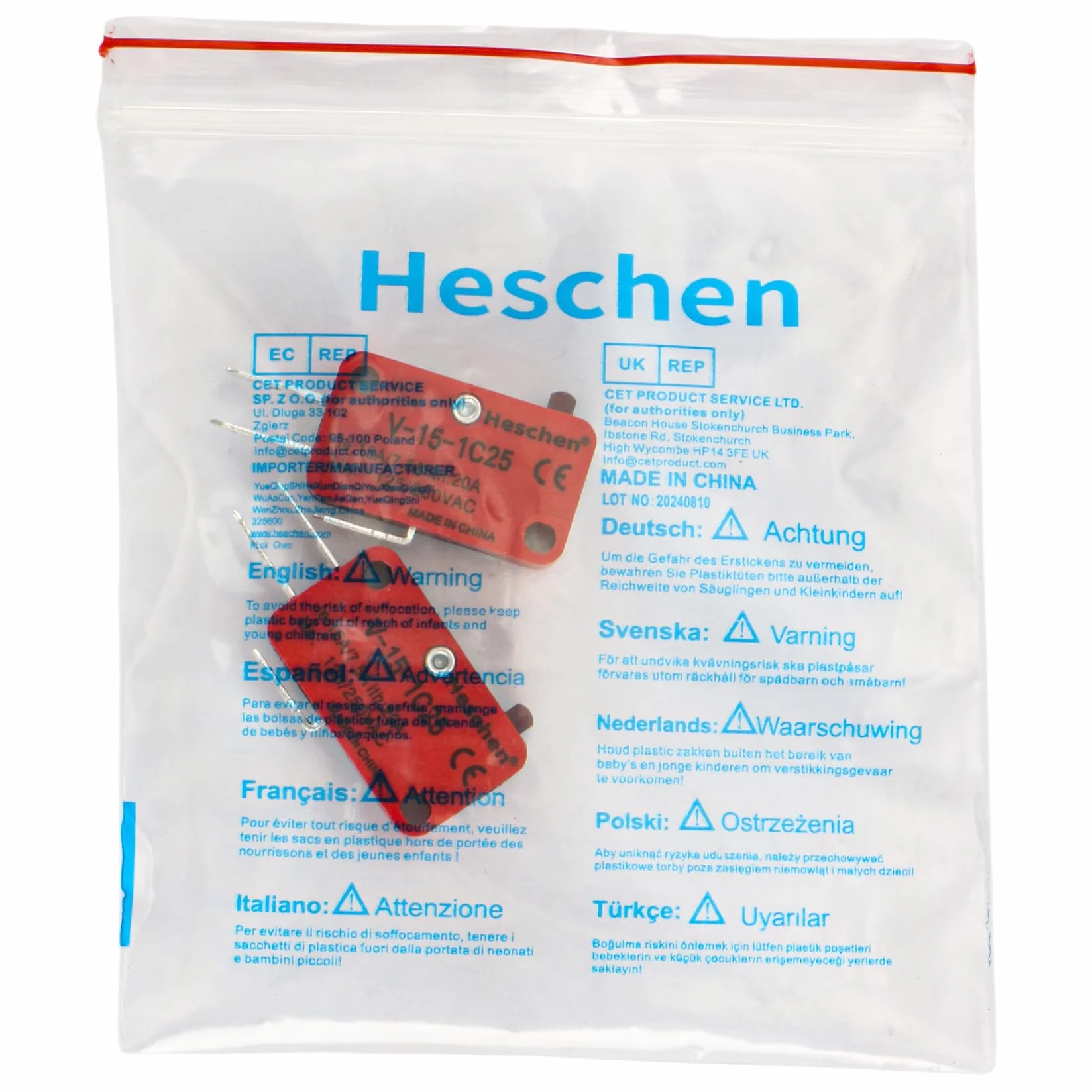 Heschen Zestaw 2 mikroprzełączników V-15-1C25 SPDT typ przycisku 20 A 250 V AC
