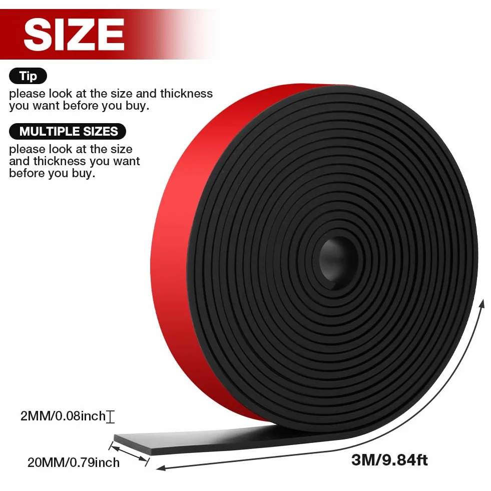 Elastyczny pasek gumowy Rolka gumowa 3 m× 20 mm × 2 mm, samoprzylepne żelazko gumowe, gumki neoprenowe, do uszczelnień DIY, ochrona wykładzin podłogowych, antywibracyjne, antypoślizgowe