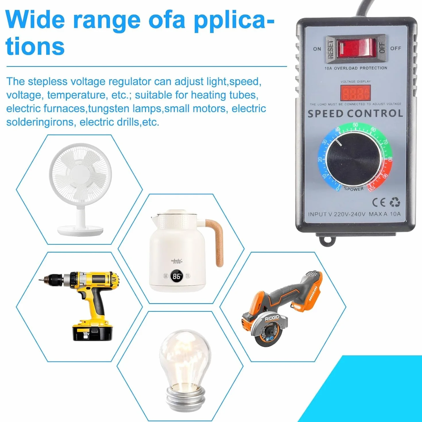 Qooloo Regulator prędkości obrotowej silnika AC 230 V, moc szczytowa 4000 W, do szlifierek kątowych/dmuchawy/wiertarek ręcznych/pił tarczowych, regulator napięcia