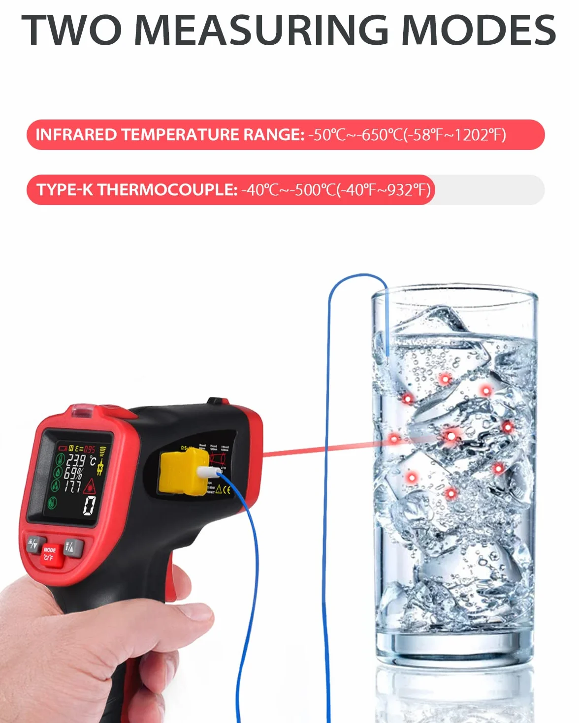 Wintact IRTermometro Igrometro Laser Digitale Superfici -50℃~650℃ con Sonde di Temperatura a Termocoppia di Tipo K per Cucina Frizer