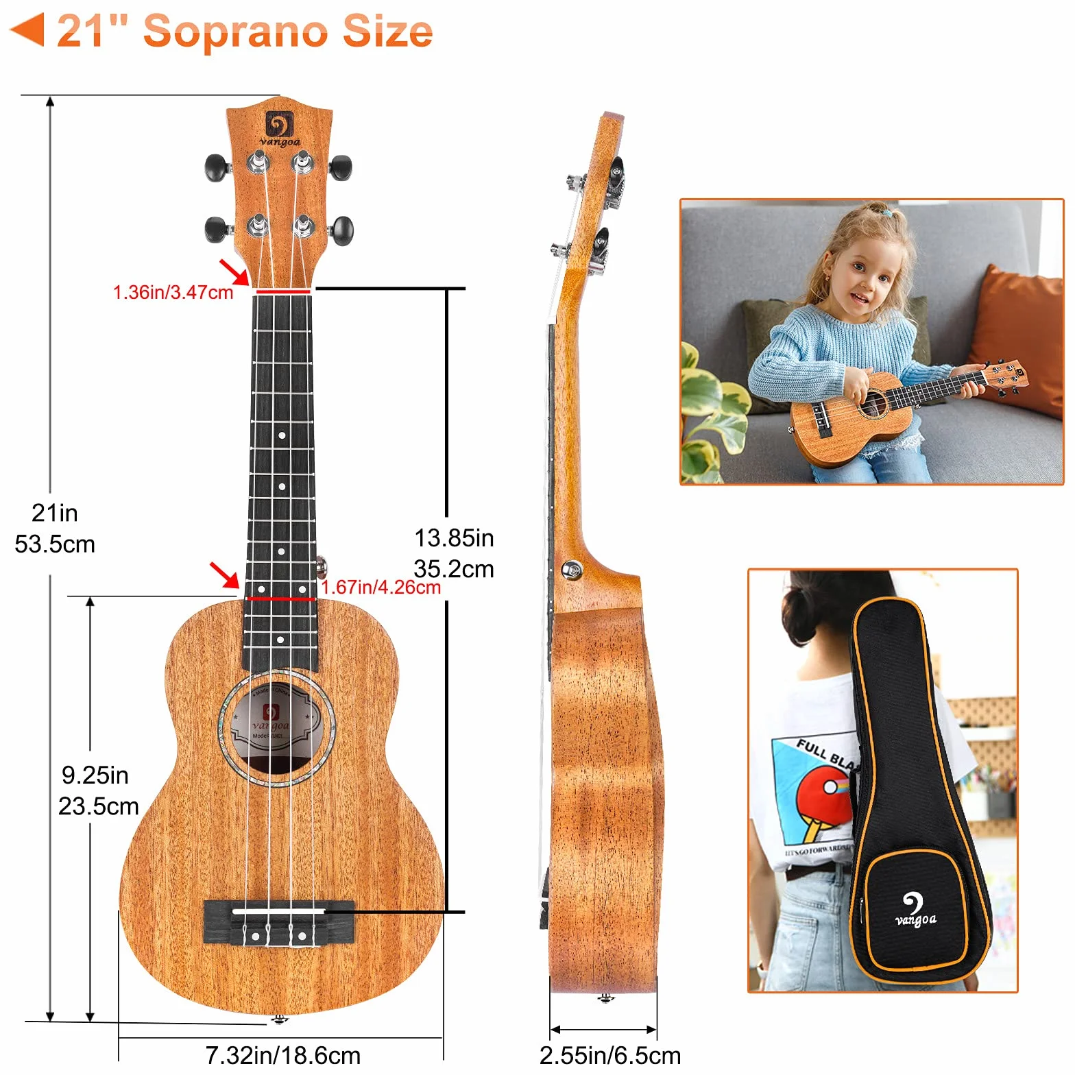 Vangoa Ukulele sopranowe, zestaw dla początkujących, ukulele, mahoń, dla początkujących, studentów, dzieci, z torbą Gig Bag