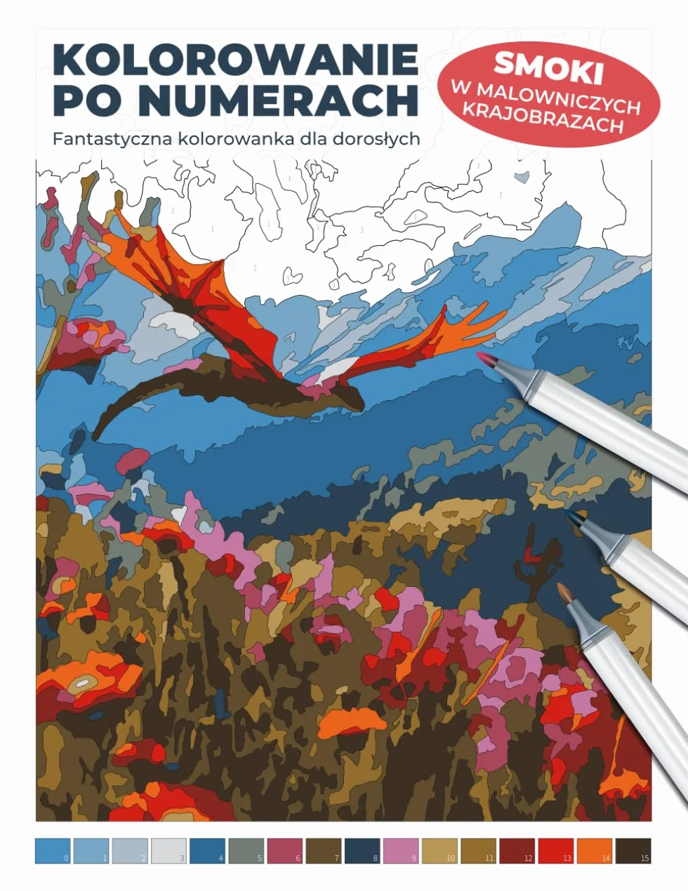 Kolorowanie po numerach: Smoki w malowniczych krajobrazach: Kolorowanka dla dorosłych