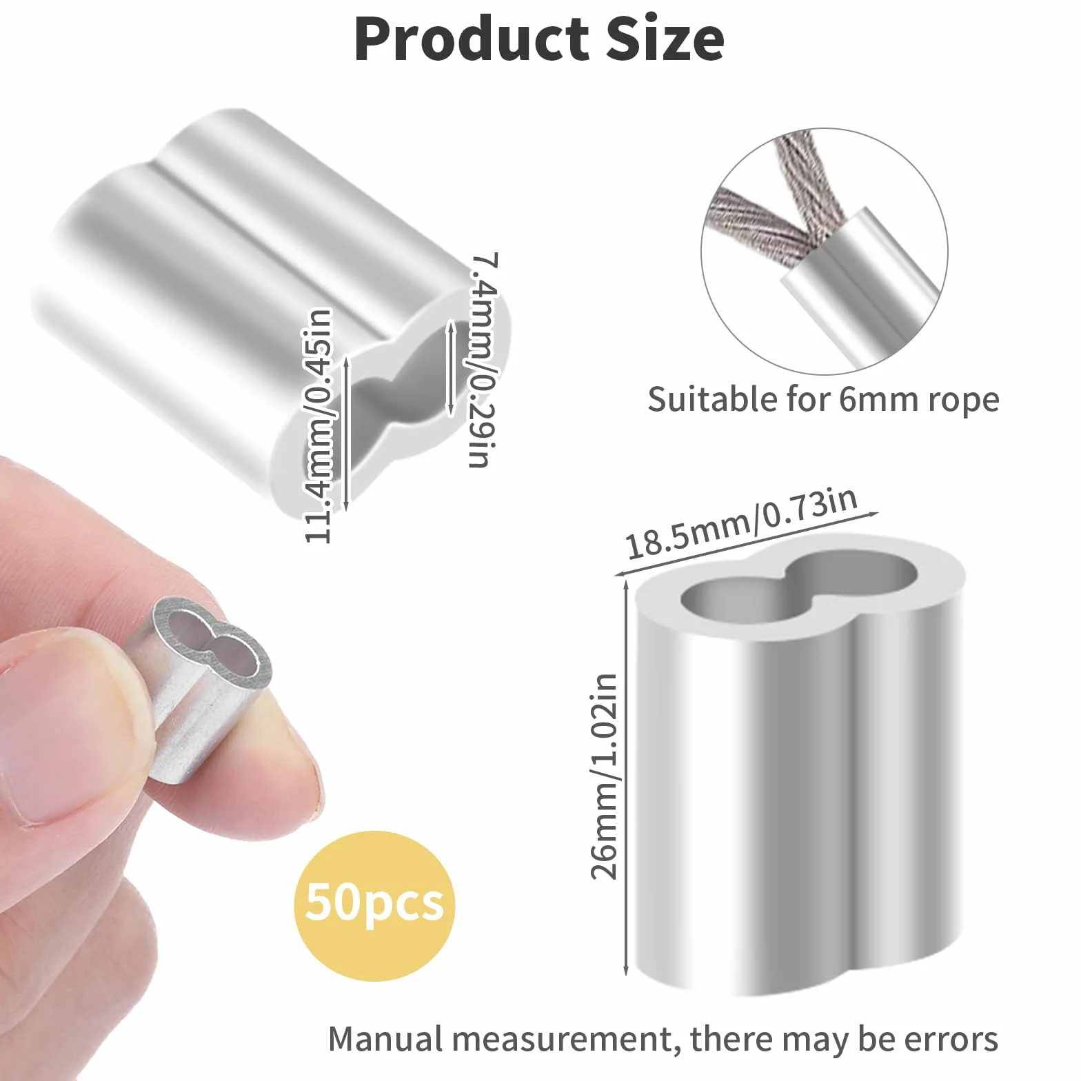 Zaciski linowe 6 mm aluminiowe podwójne tuleje zaciskowe zestaw 50 sztuk