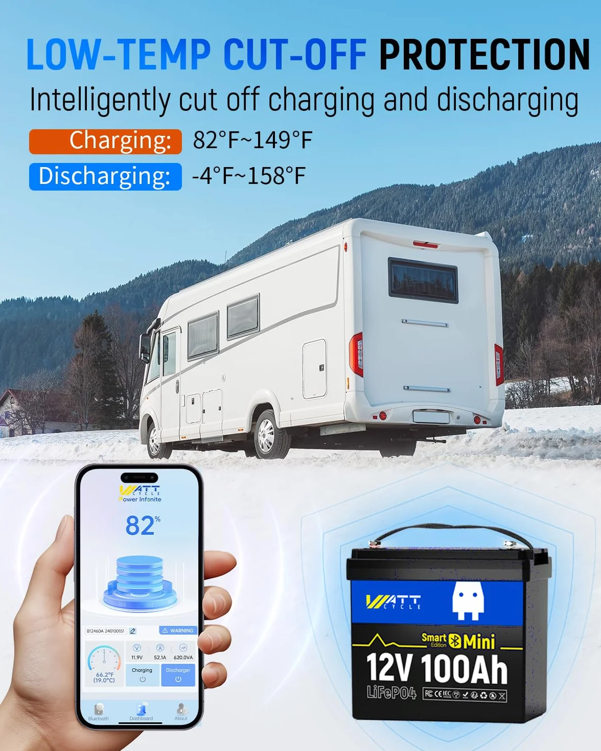 WattCycle Bateria litowa 12V 100Ah LiFePO4 z Bluetooth BCI Group 24 Smart BMS 15000 cykli