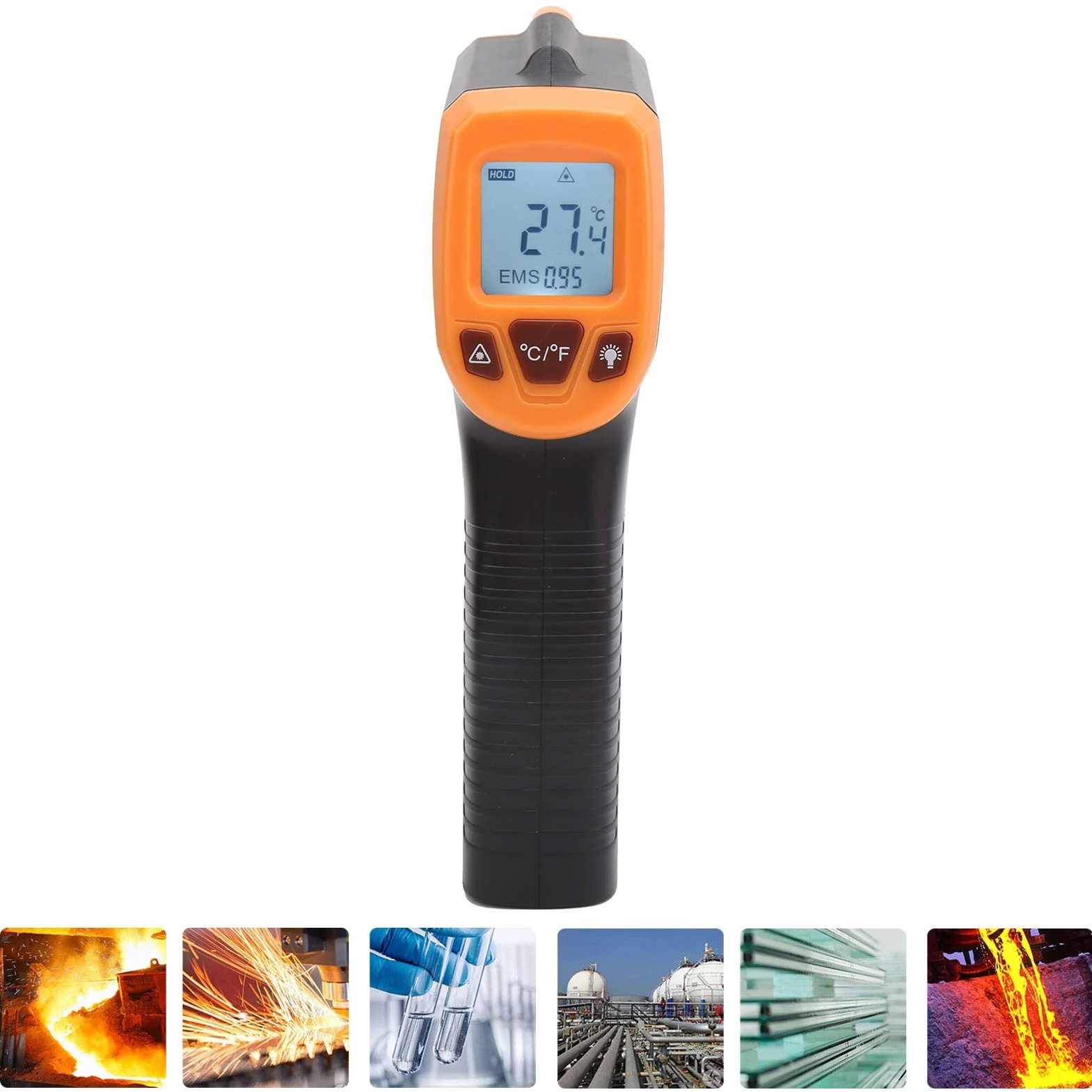 Termometr Przemysłowy na Podczerwień GM320S, Bezdotykowy, -50°C do 600°C, Podświetlenie LCD, Pomarańczowy, do Pomiaru Temperatury Powierzchni
