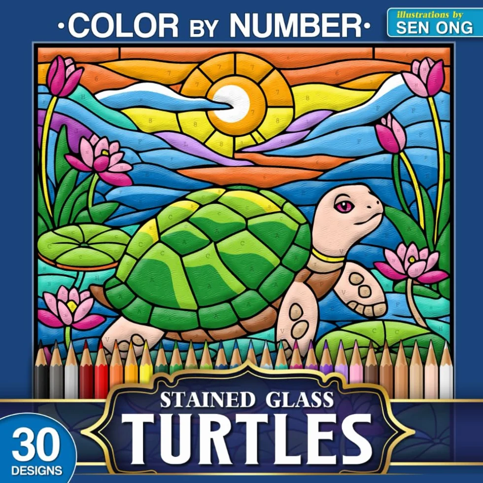 Turtles Stained Glass Color by Number: 30 Enchanting Designs of Radiant Turtles in Magical Waters