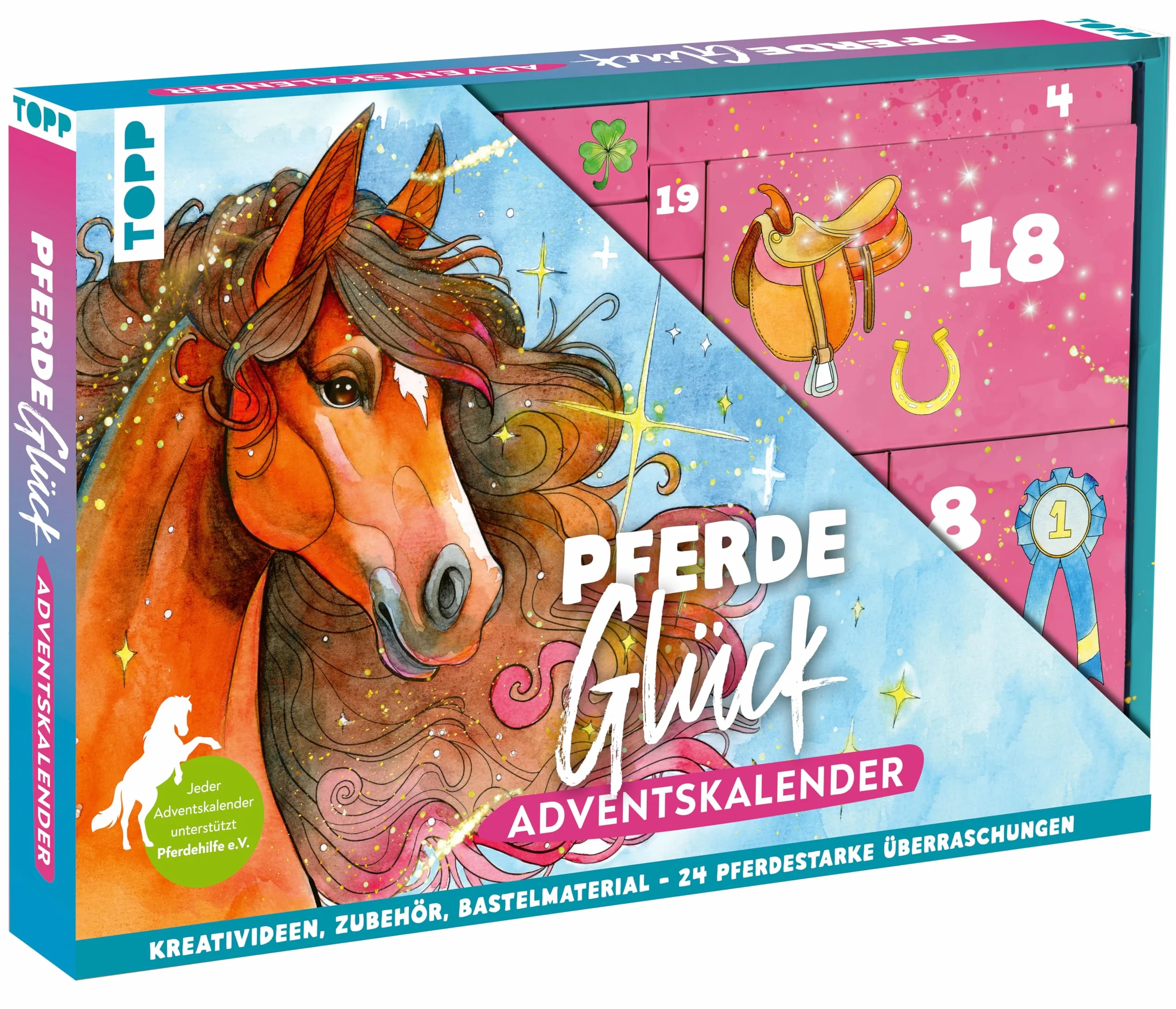 Pferdeglück Kreativer Adventskalender 24 Überraschungen für Pferde Fans Große Box 38,5 x 26,5 x 5 cm