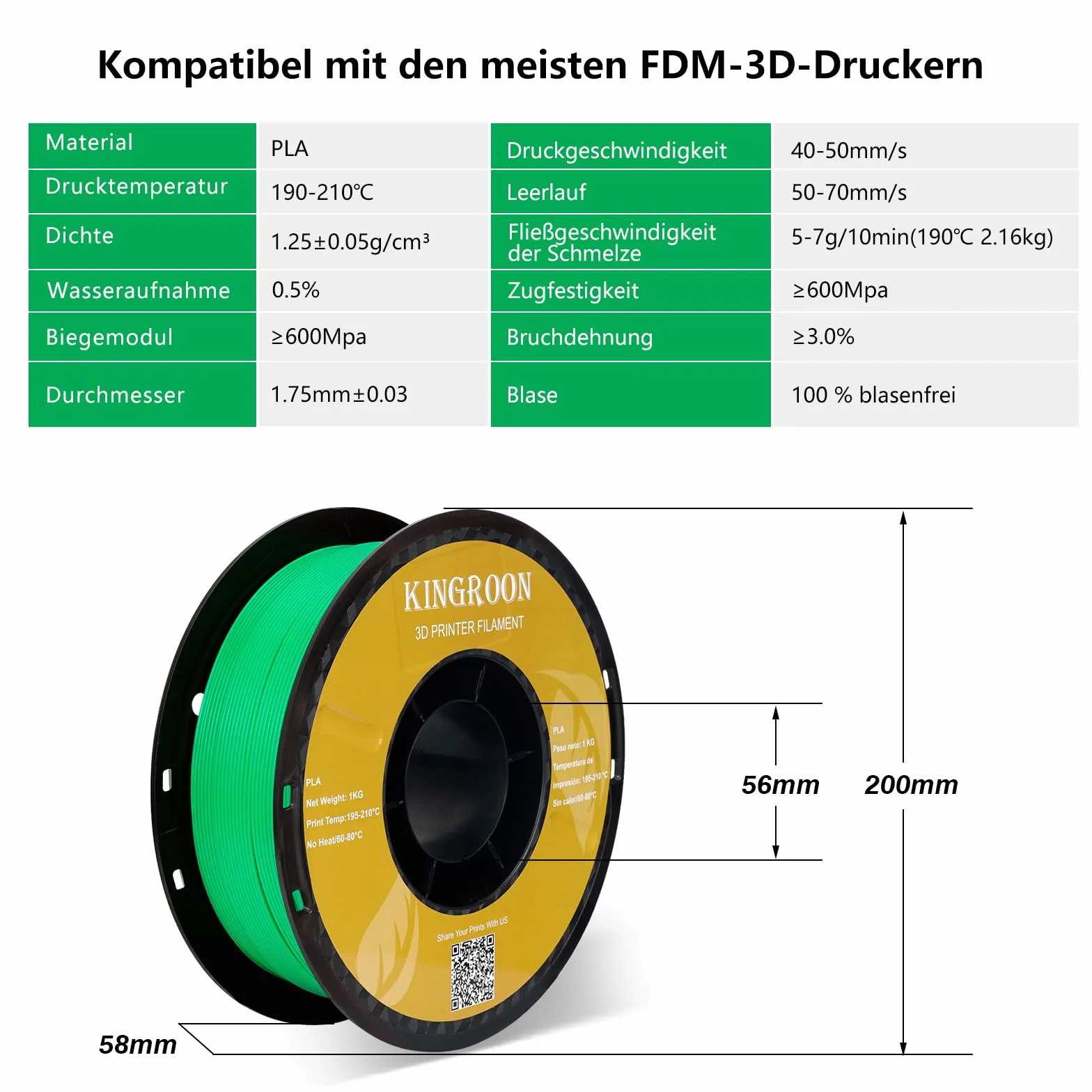 Kingroon Materiały eksploatacyjne do drukarek 3D PLA, dokładność wymiaru +/-0,03 mm, szpula 1 kg (2,2 lbs), 1,75 mm, zielone