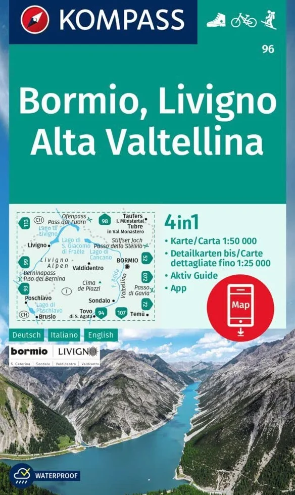 Bormio - livigno - alta valtellina: 4in1 Wanderkarte mit Aktiv Guide und Detailkarten inklusive Karte zur offline Verwendung in der KOMPASS-App. Fahrradfahren. Skitouren.: 96