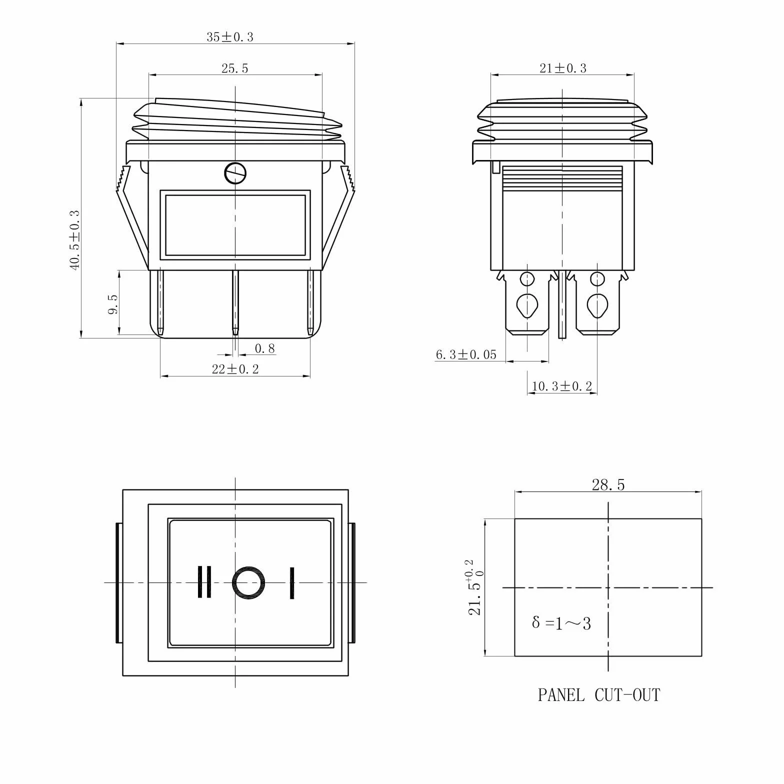 Rocker Switch, ON-Off-ON Switch, DPDT, 16A 250VAC, 6 Pins 3 pozycja, Z wodoodporny, Czarny 2Pcs