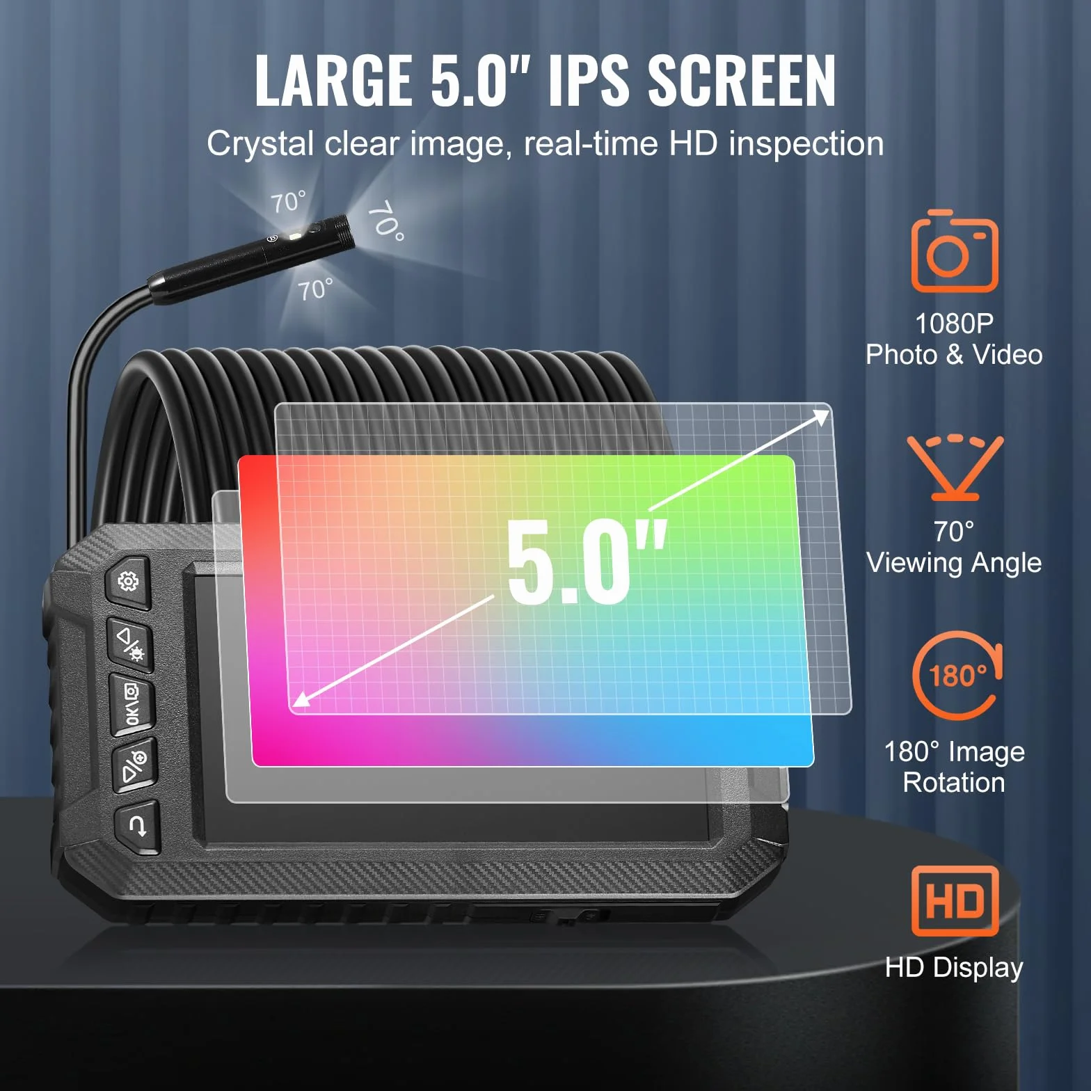 VEVOR Aparat endoskopowy, potrójna soczewka, endoskop z półsztywnym kablem o długości 15 m, ekran 12,7 cm, kamera inspekcyjna 1080p, 8 + 2 diody LED, wodoszczelność IP67, kamera wężykowa do samochodu,
