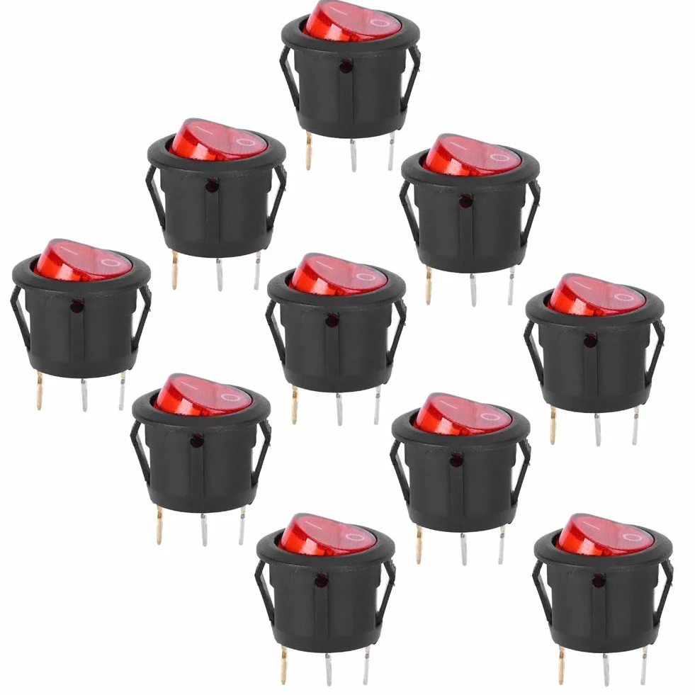10 Sztuk AC 6A/250V 10A/125V Przełącznik Kołyskowy, Przełącznik NilightRocker 3Pin Okrągły Snap Rocker Przełącznik łodzi Czerwone światło Używane do Przełączników Sprzęt Agd